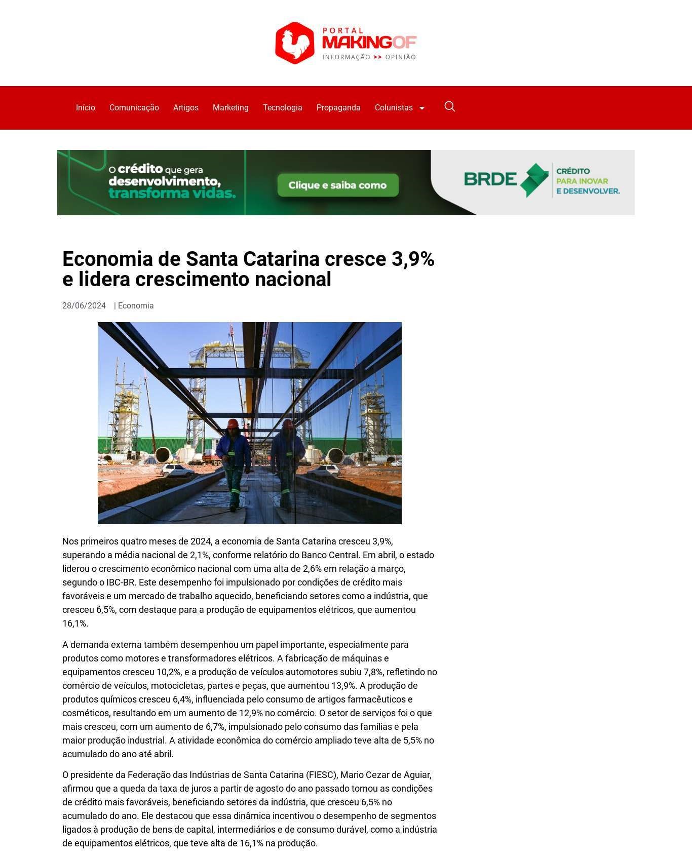 Economia de Santa Catarina cresce 3,9% e lidera crescimento nacional