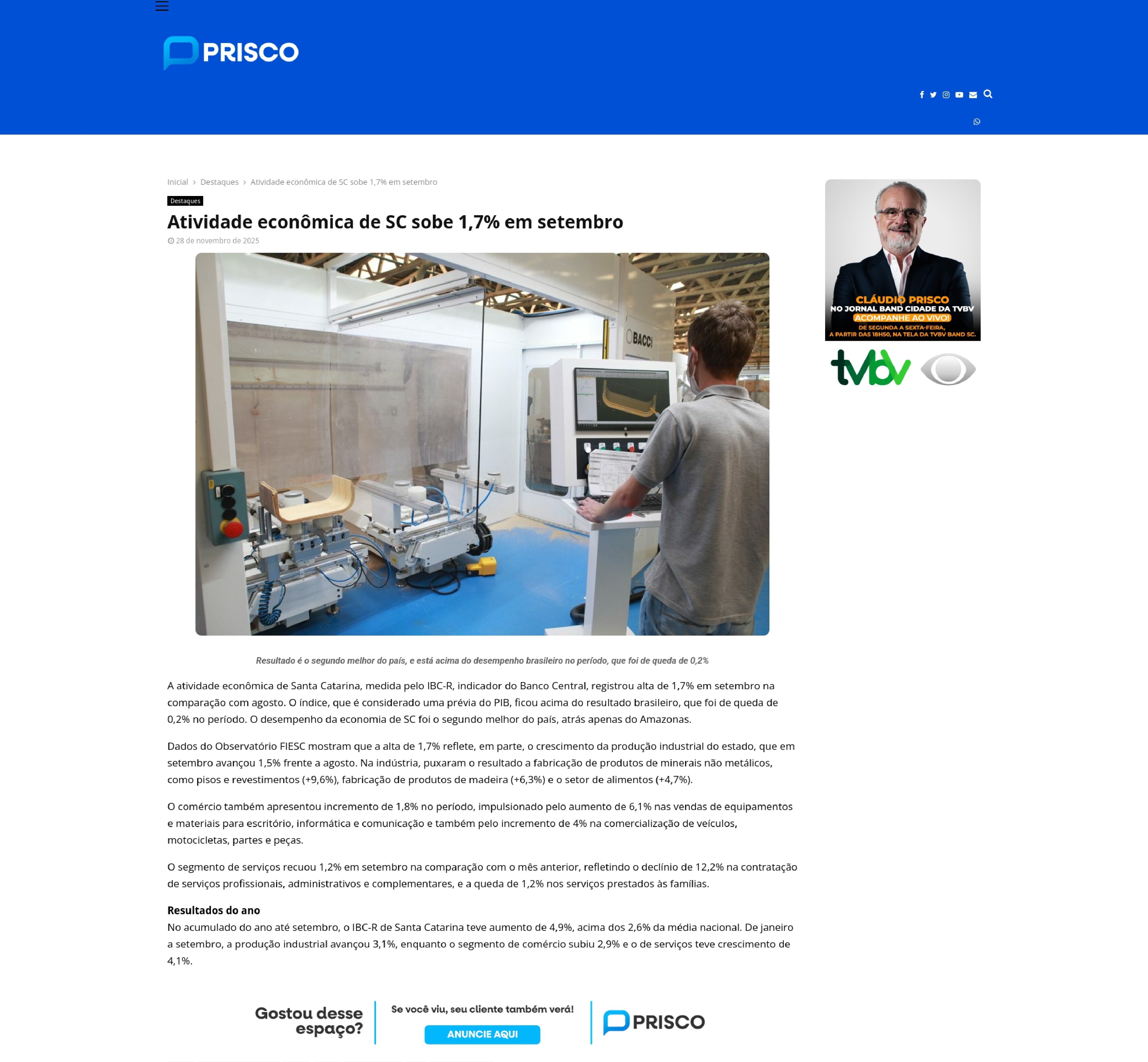 Atividade econômica de SC sobe 1,7% em setembro