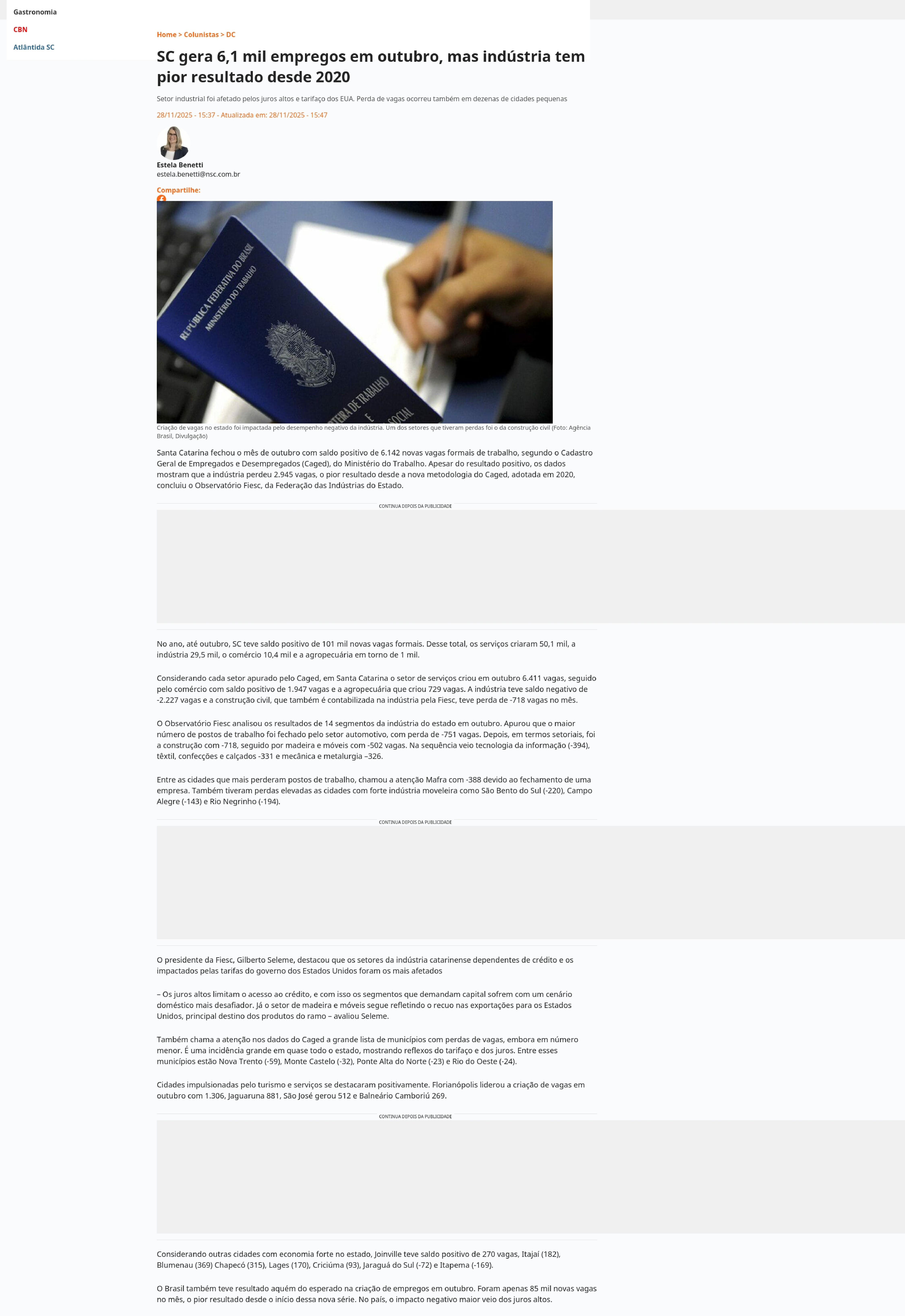 SC gera 6,1 mil empregos em outubro, mas indústria tem pior resultado desde 2020