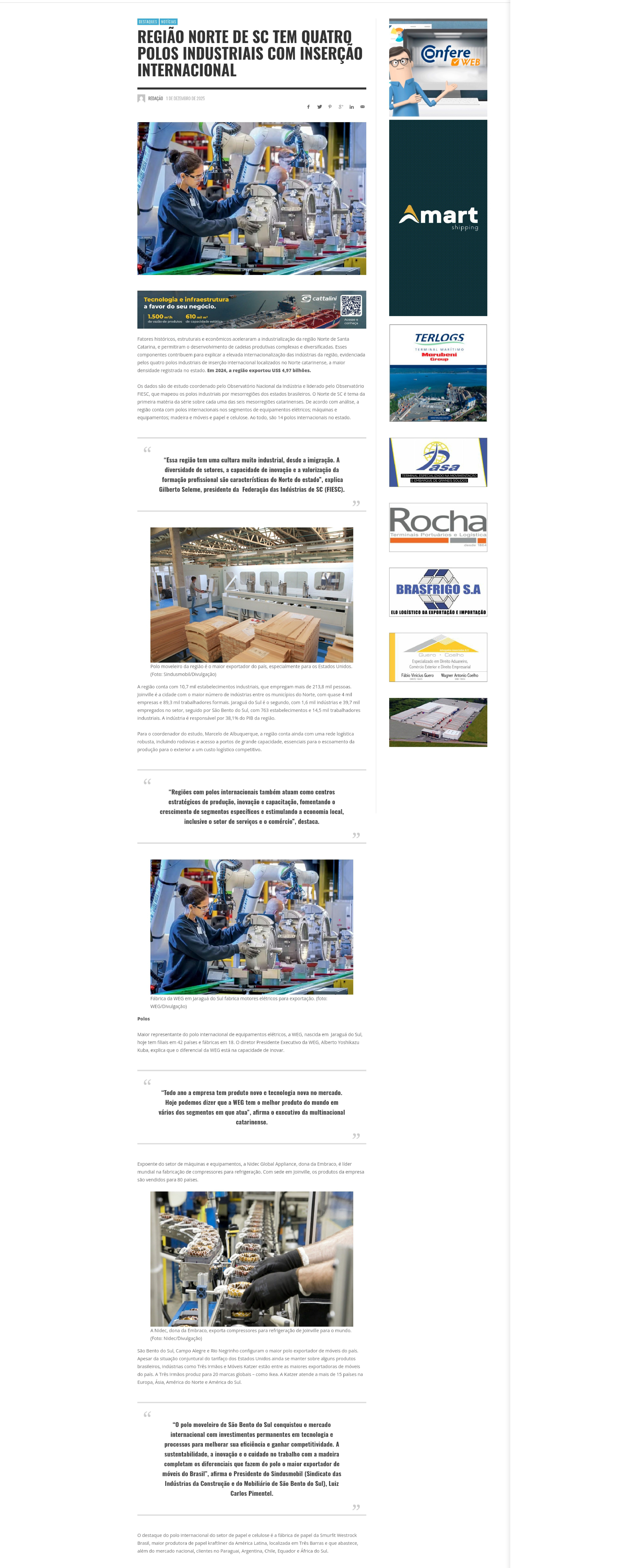 Região Norte de SC tem quatro polos industriais com inserção internacional