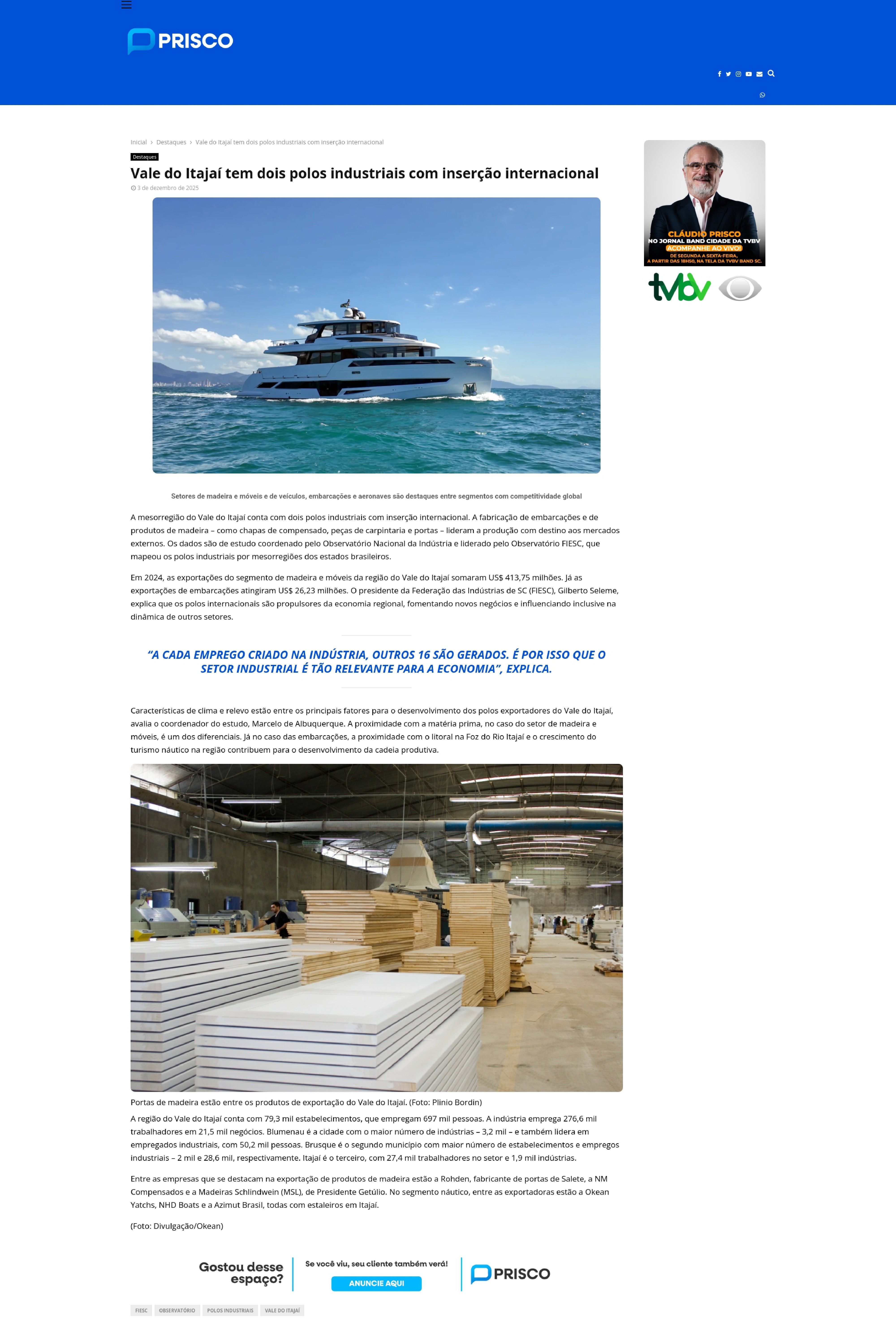 Vale do Itajaí tem dois polos industriais com inserção internacional