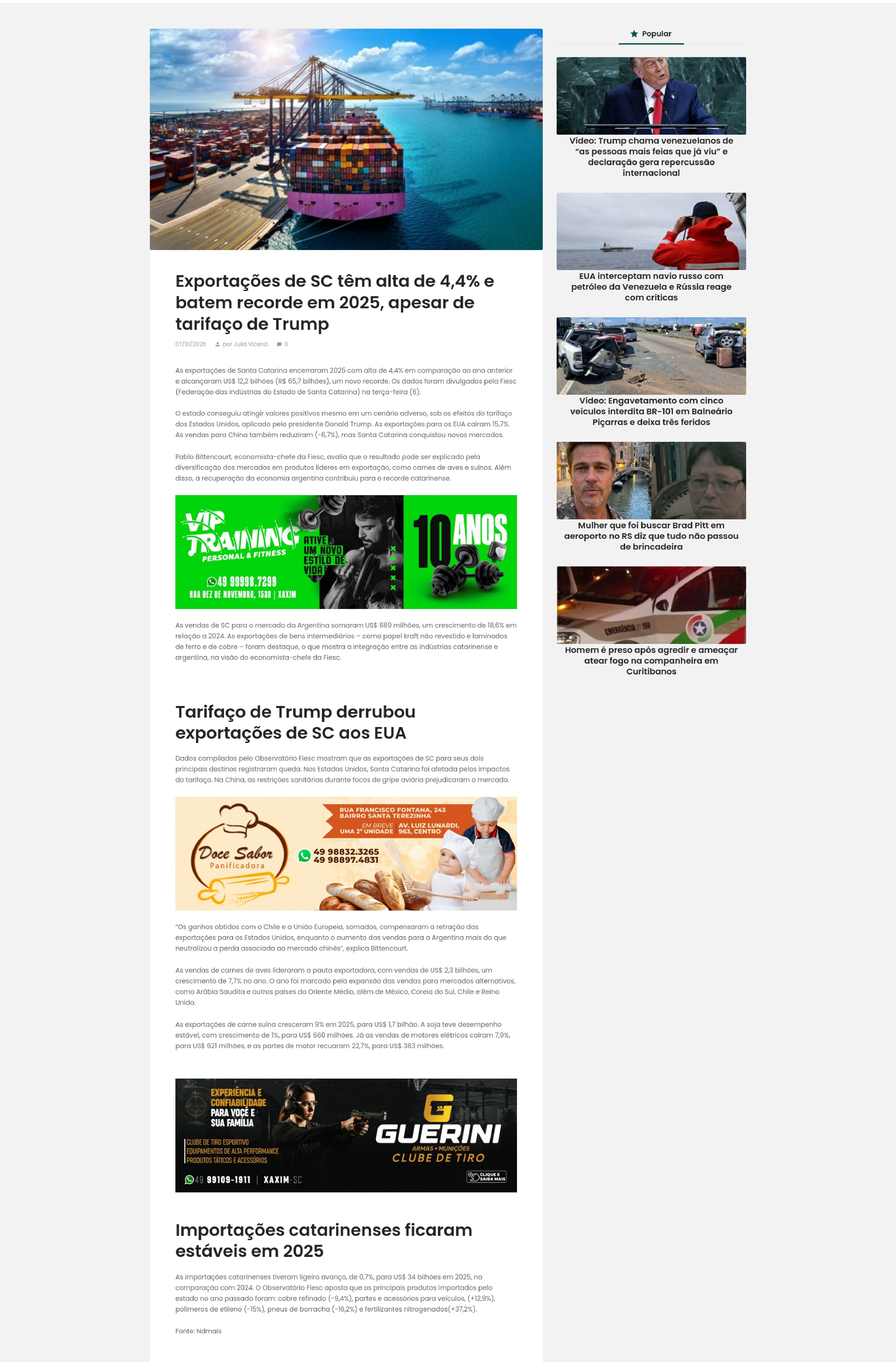 Exportações de SC têm alta de 4,4% e batem recorde em 2025, apesar de tarifaço de Trump