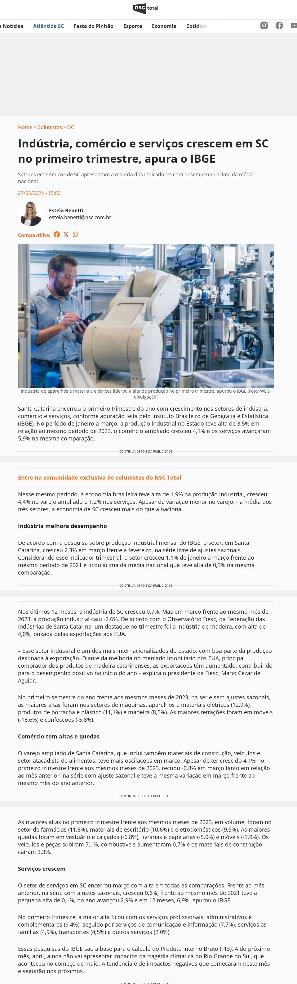 Indústria, comércio e serviços crescem em SC no primeiro trimestre, apura o IBGE