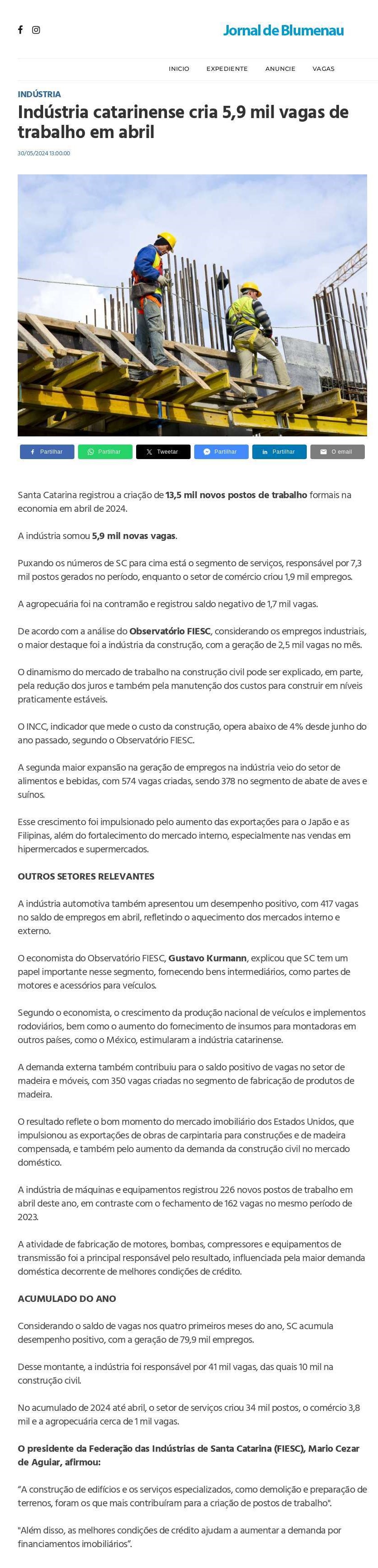 Indústria catarinense cria 5,9 mil vagas de trabalho em abril