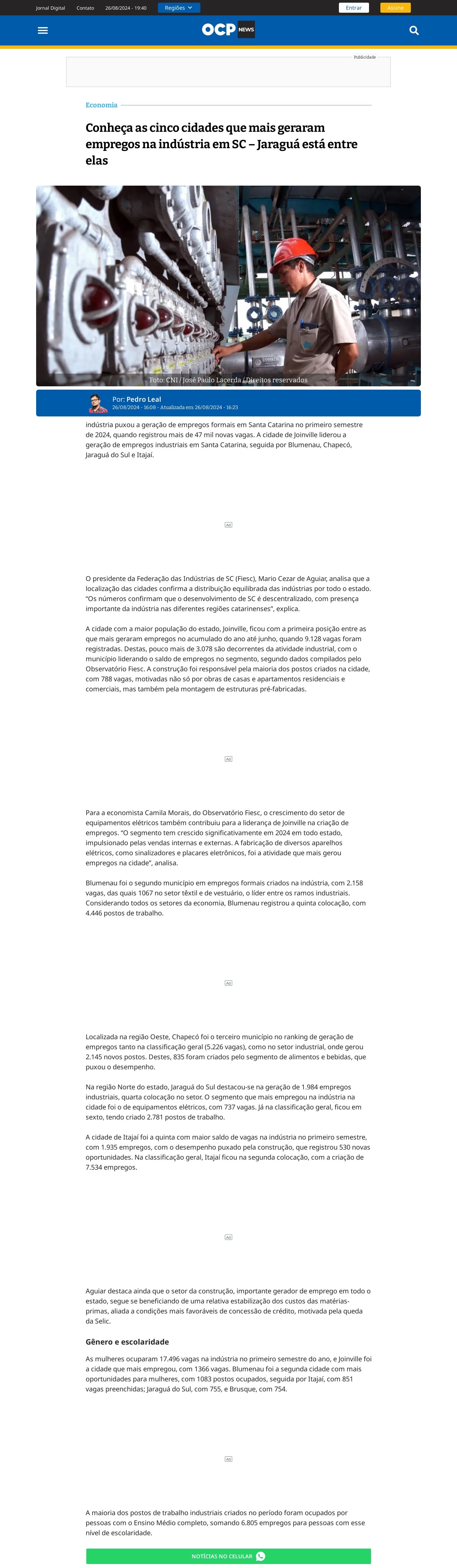 Conheça as cinco cidades que mais geraram empregos na indústria em SC