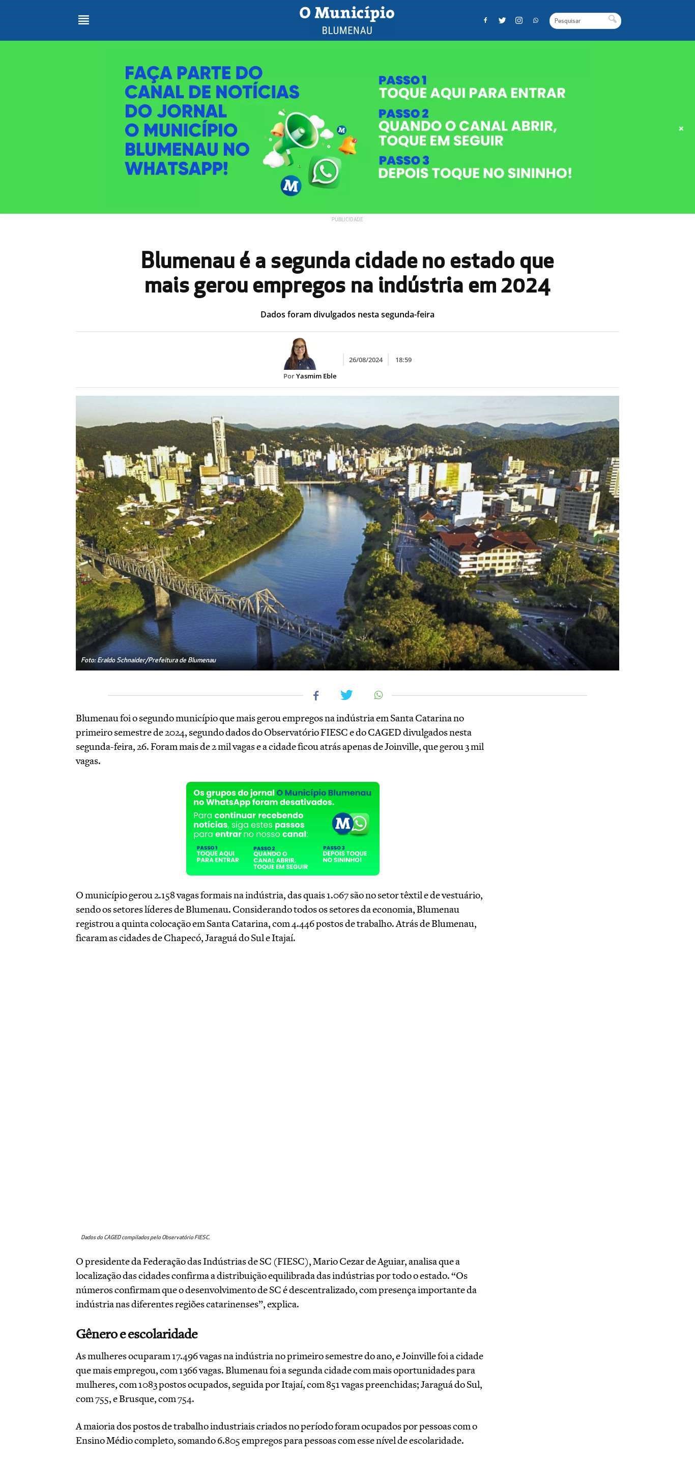 Blumenau é a segunda cidade no estado que mais gerou empregos na indústria em 2024