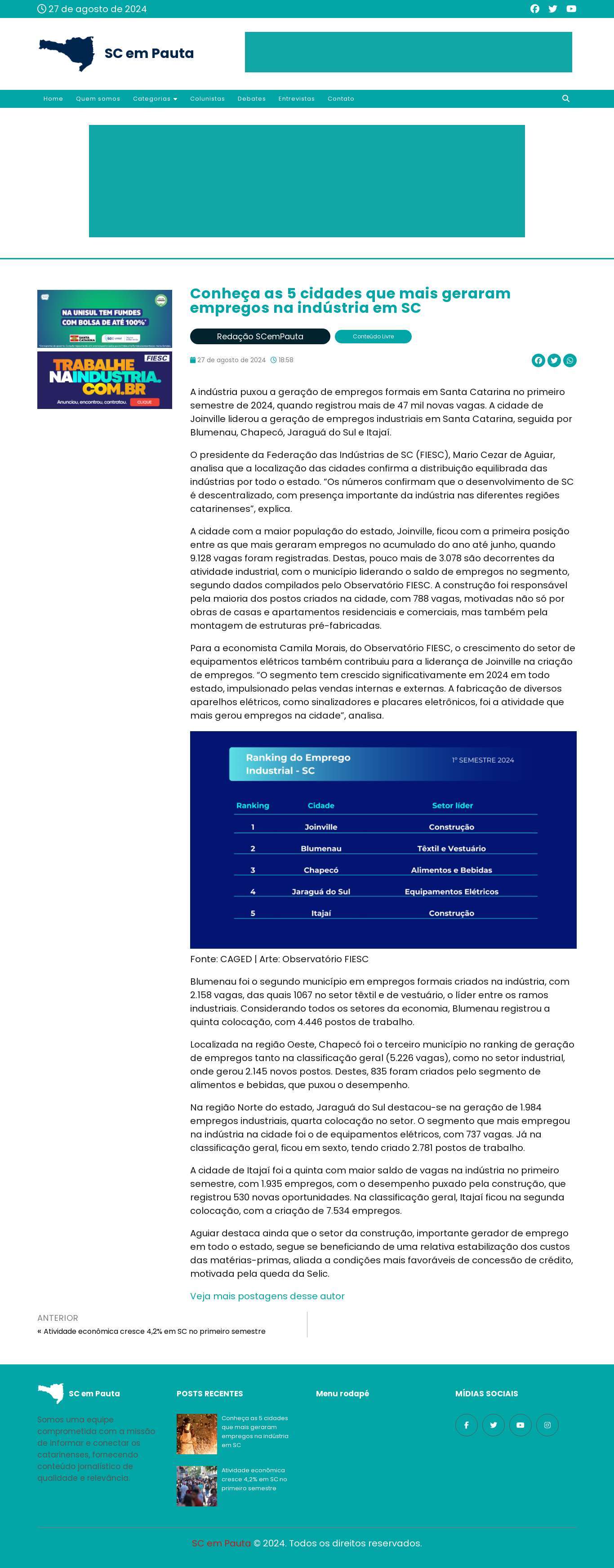 Conheça as 5 cidades que mais geraram empregos na indústria em SC