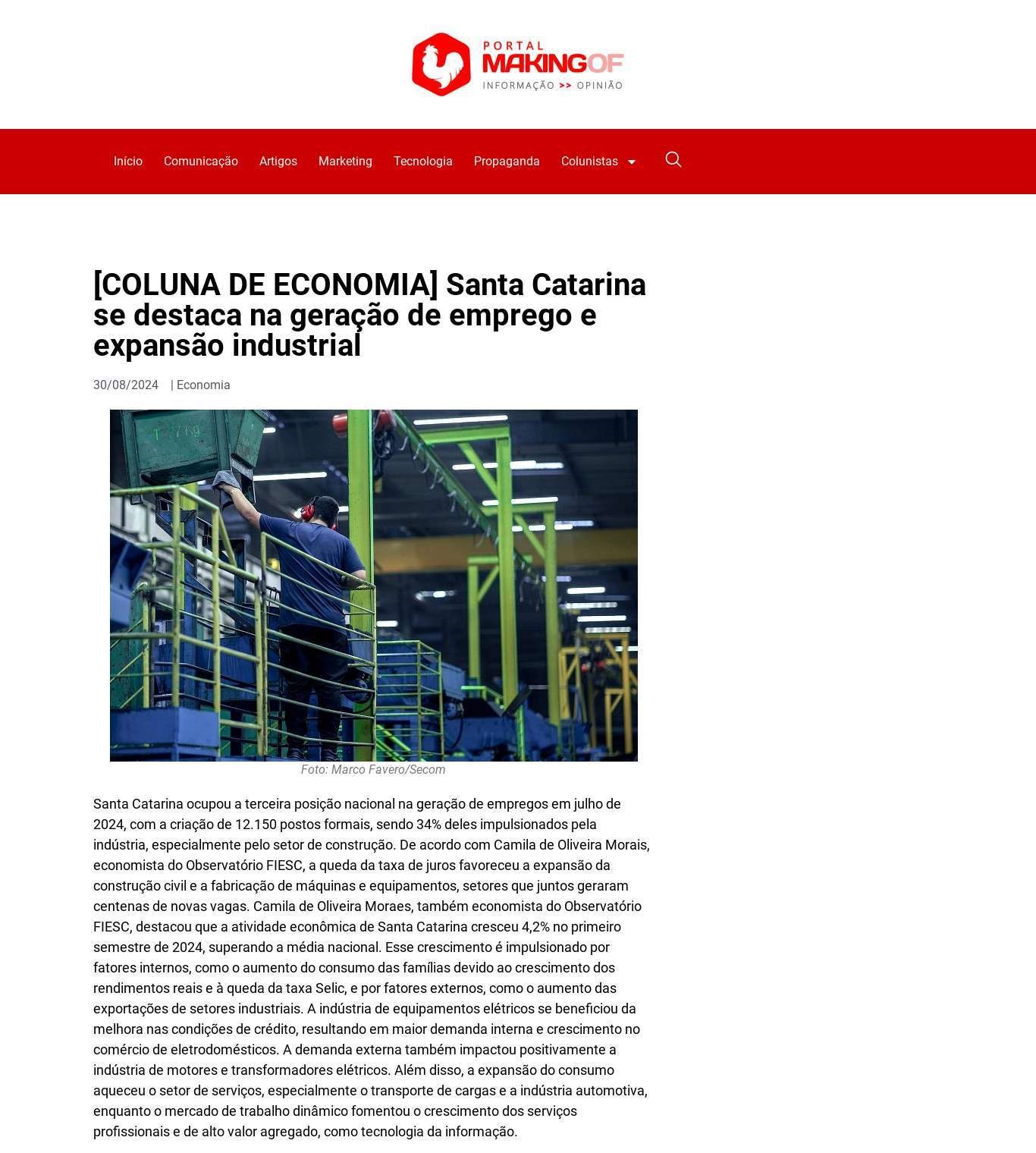 SC se destaca na geração de emprego e expansão industrial 