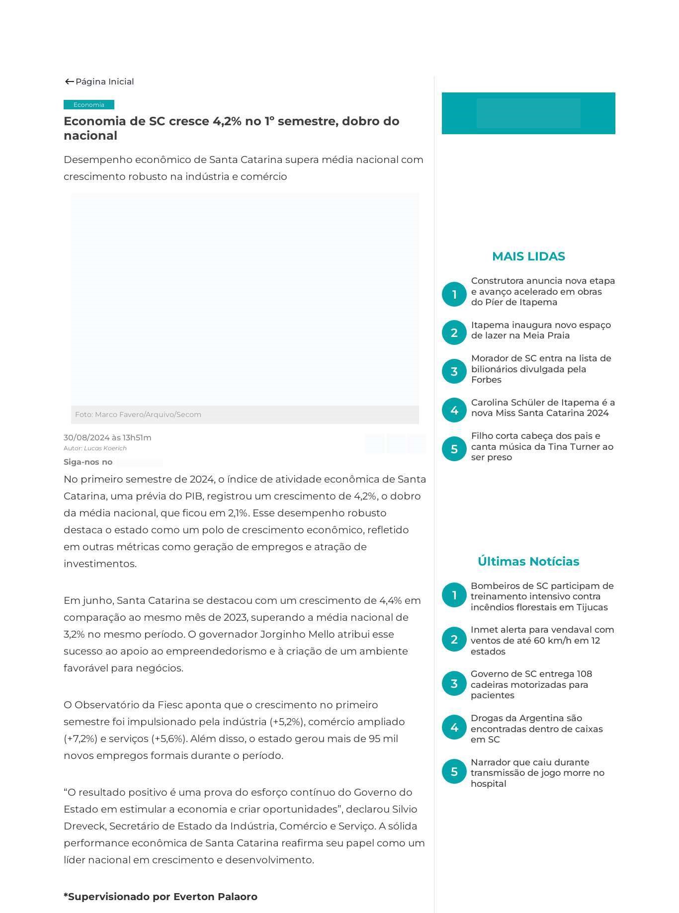 Economia de SC cresce 4,2% no 1º semestre, dobro do nacional