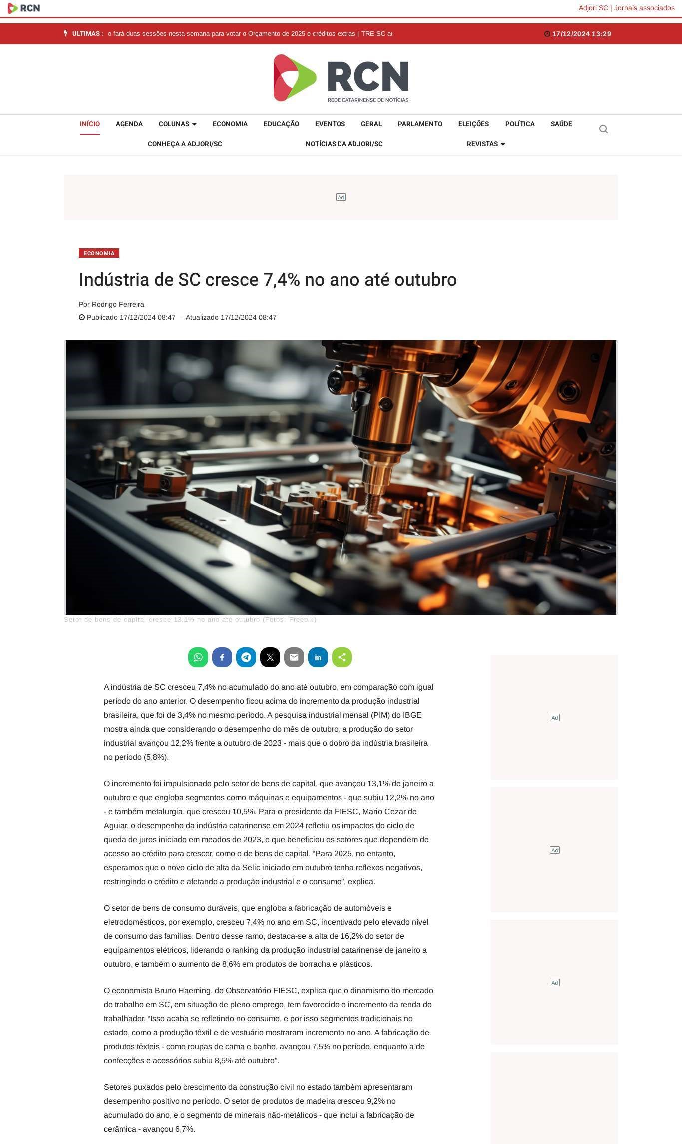Indústria de SC cresce 7,4% no ano até outubro