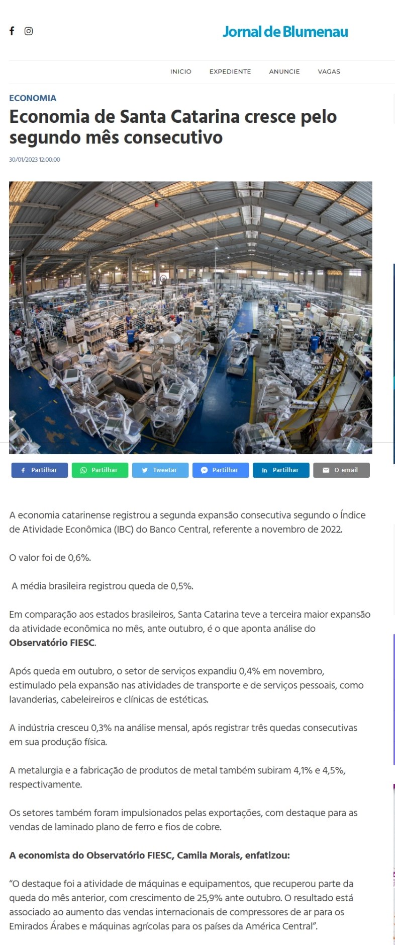 Economia de Santa Catarina cresce pelo segundo mês consecutivo