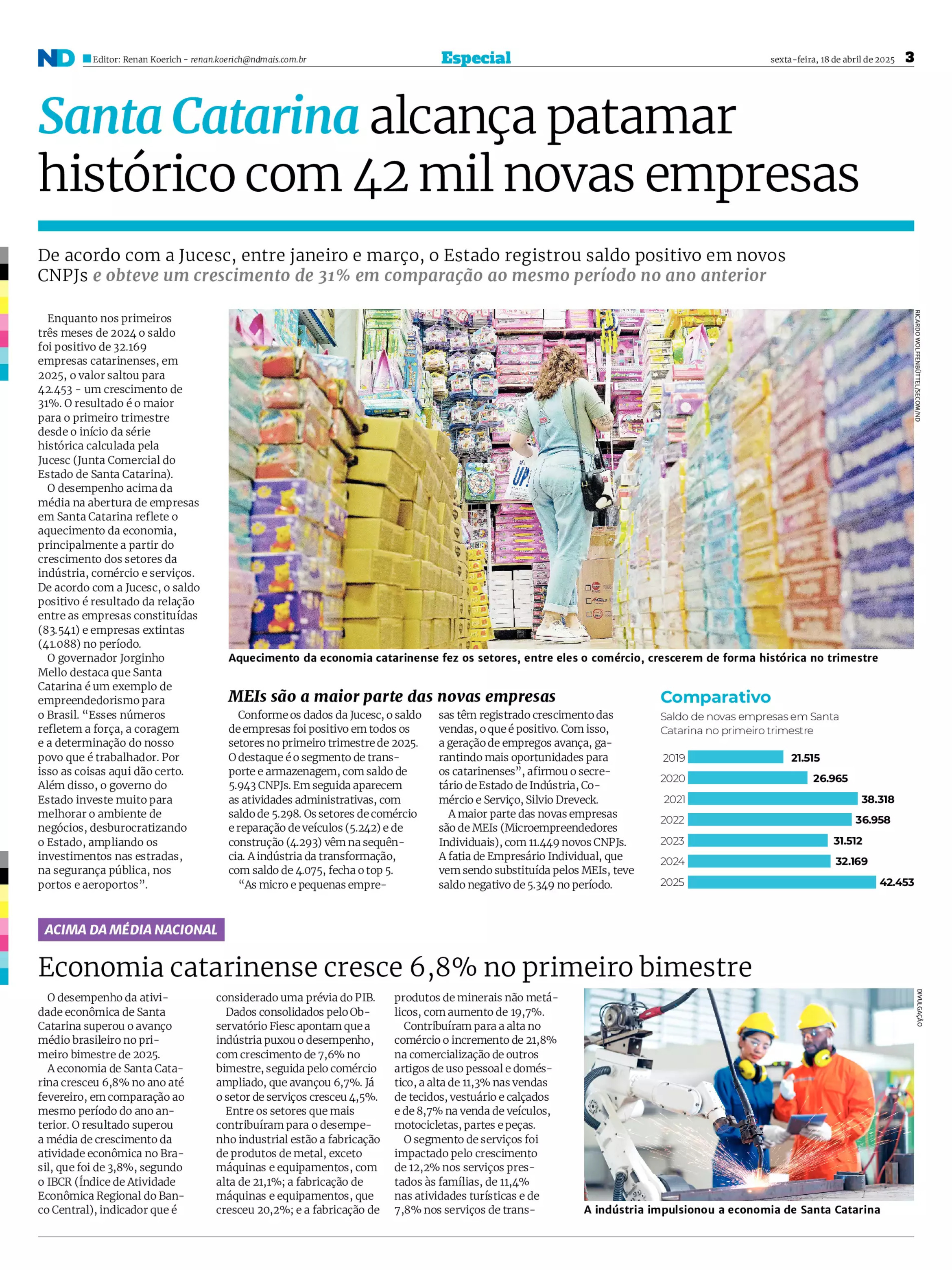 Economia catarinense cresce 6, 8% no primeiro bimestre