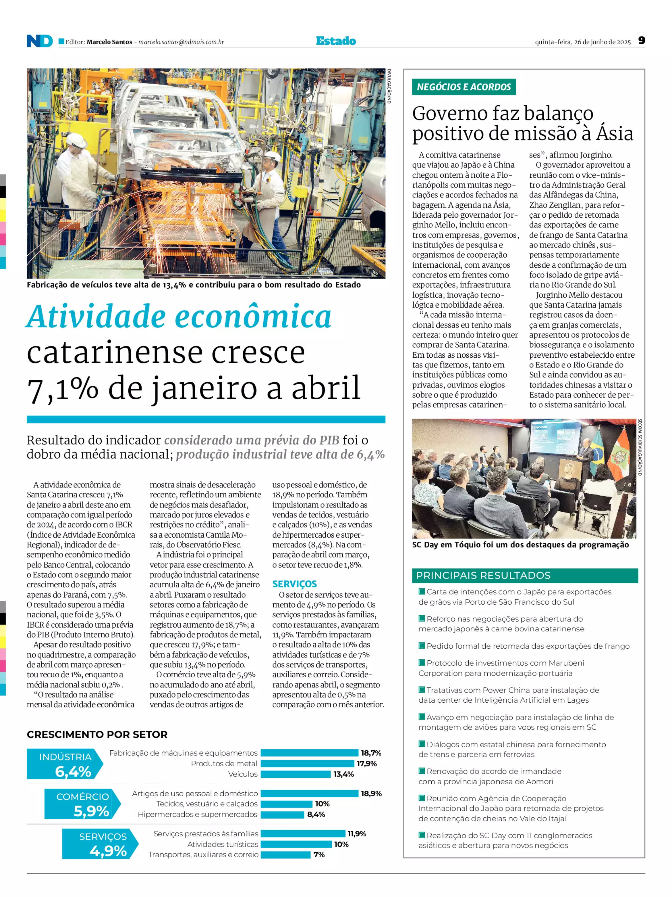 Atividade economica catarinense cresce 7,1% de janeiro a abril
