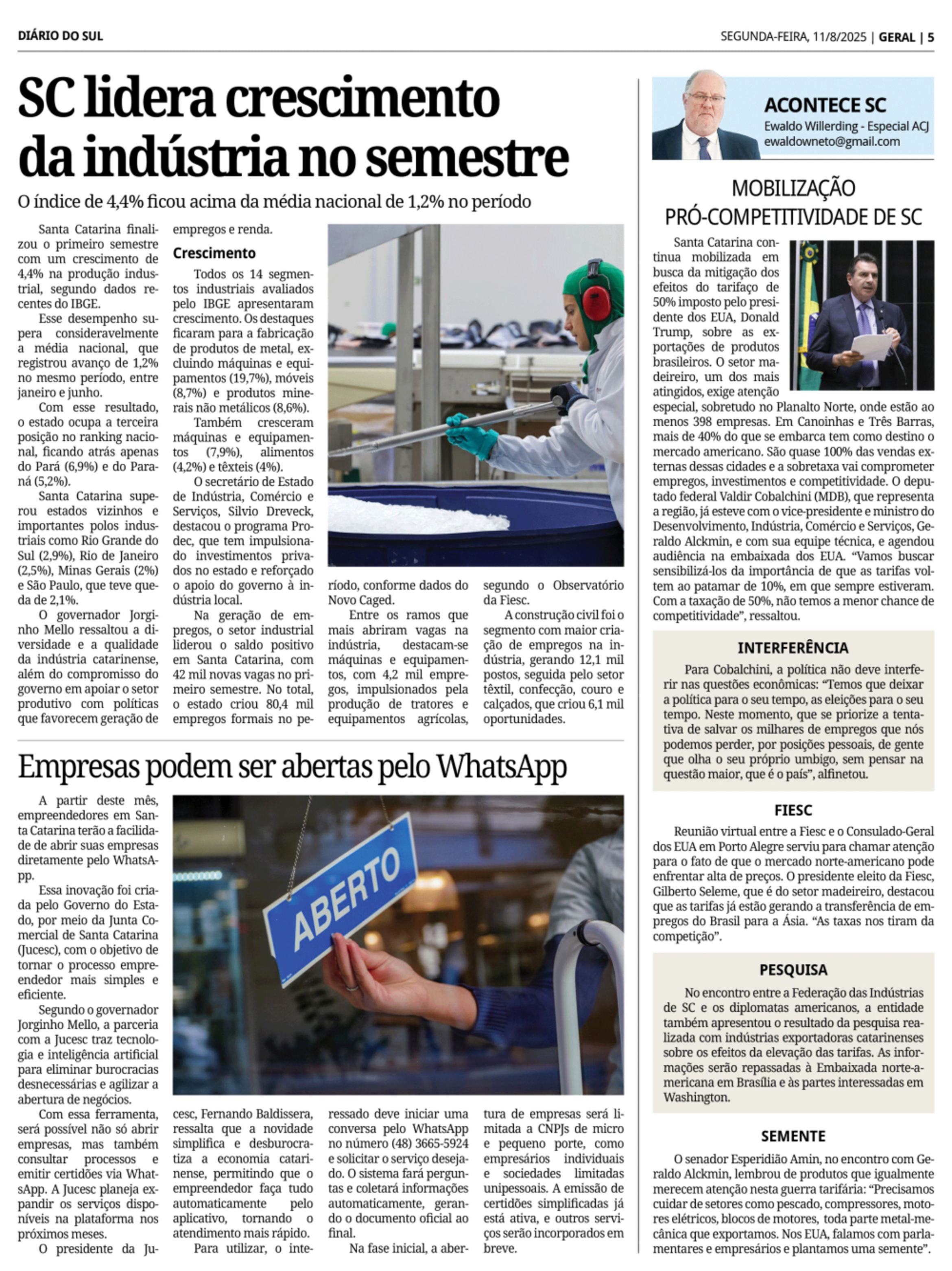 SC lidera crescimento da indústria no semestre