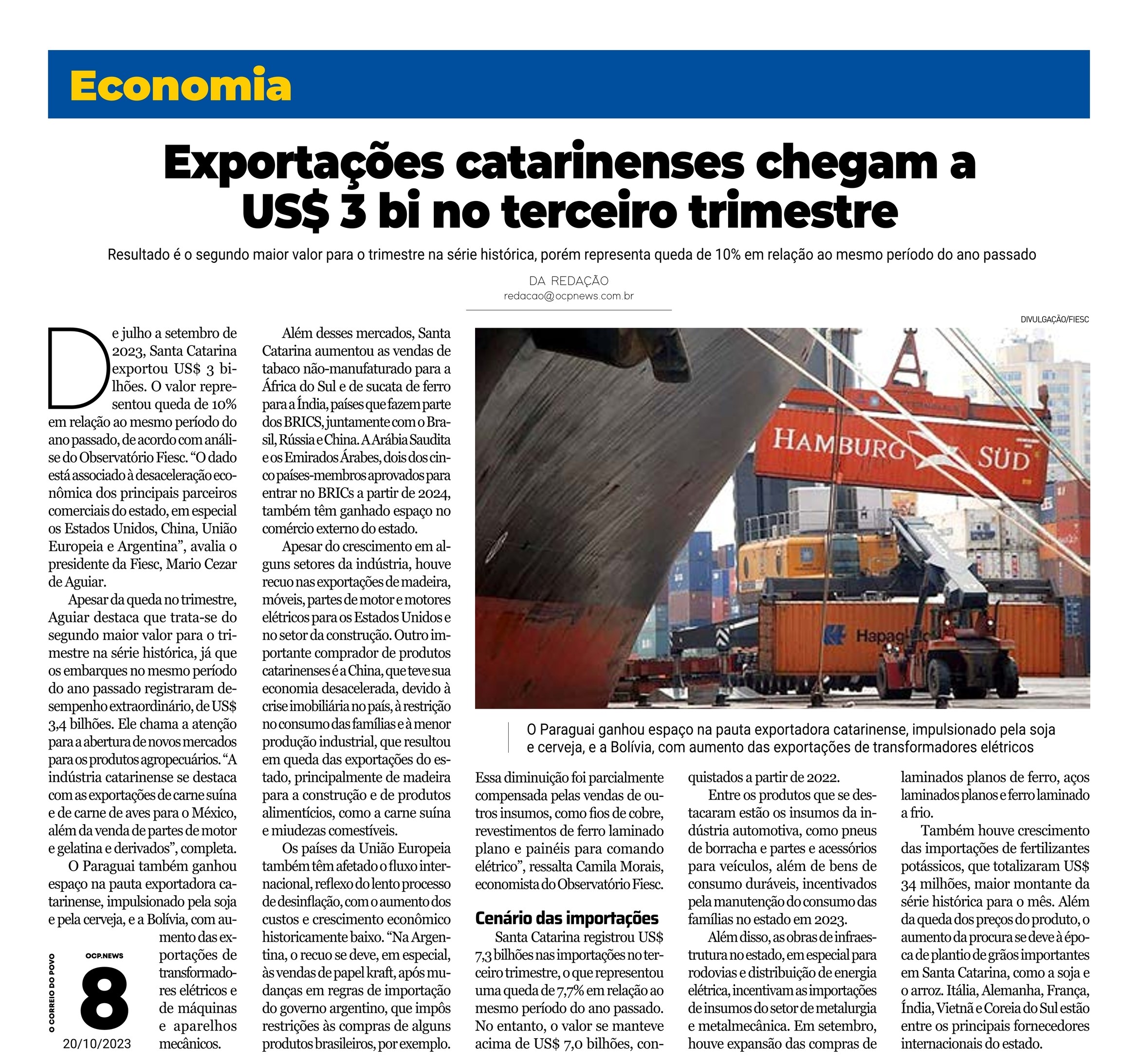 Exportações catarinenses chegam a USS 3 bi no terceiro trimestre