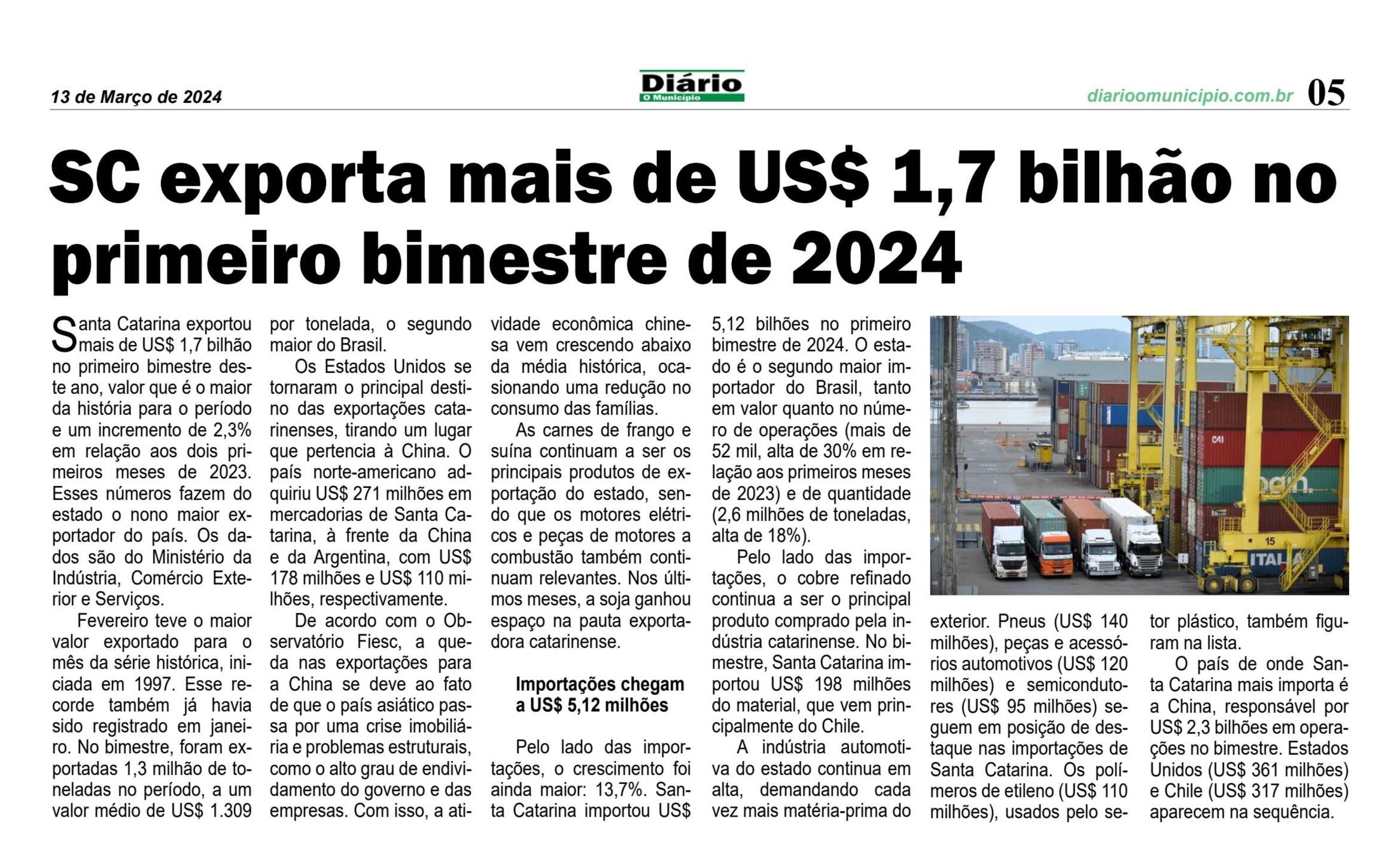 SC exporta mais de US$ 1,7 bilhão no primeiro bimestre de 2024