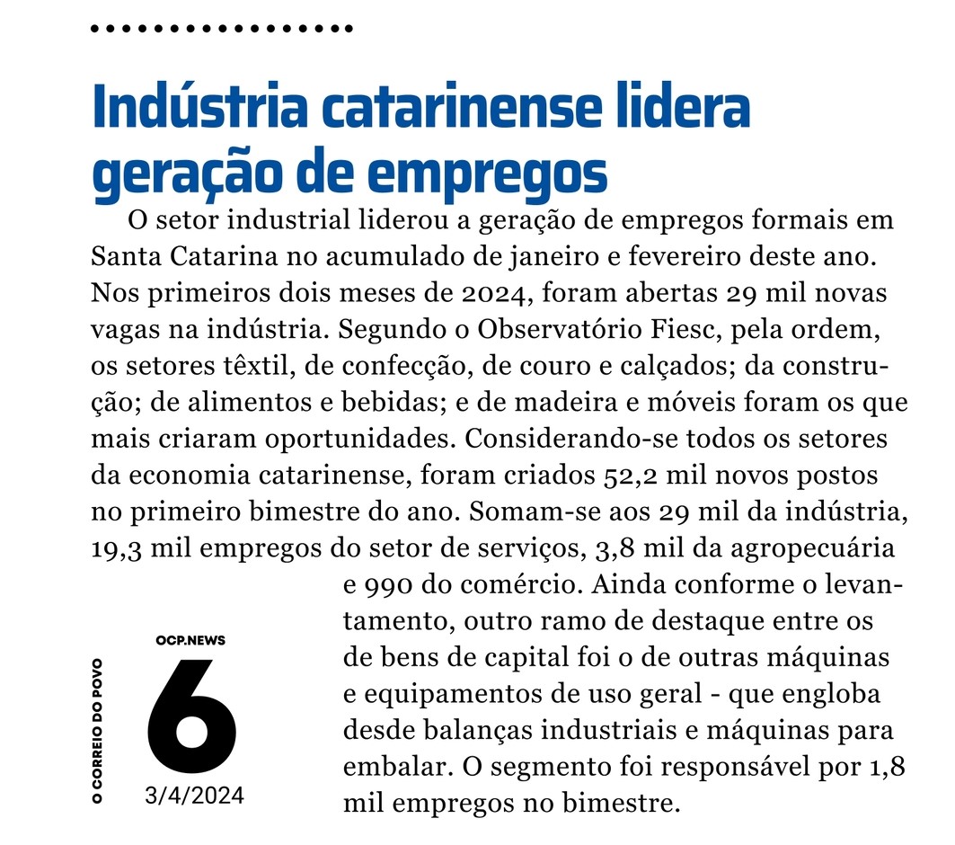 Indústria catarinense lidera geração de empregos