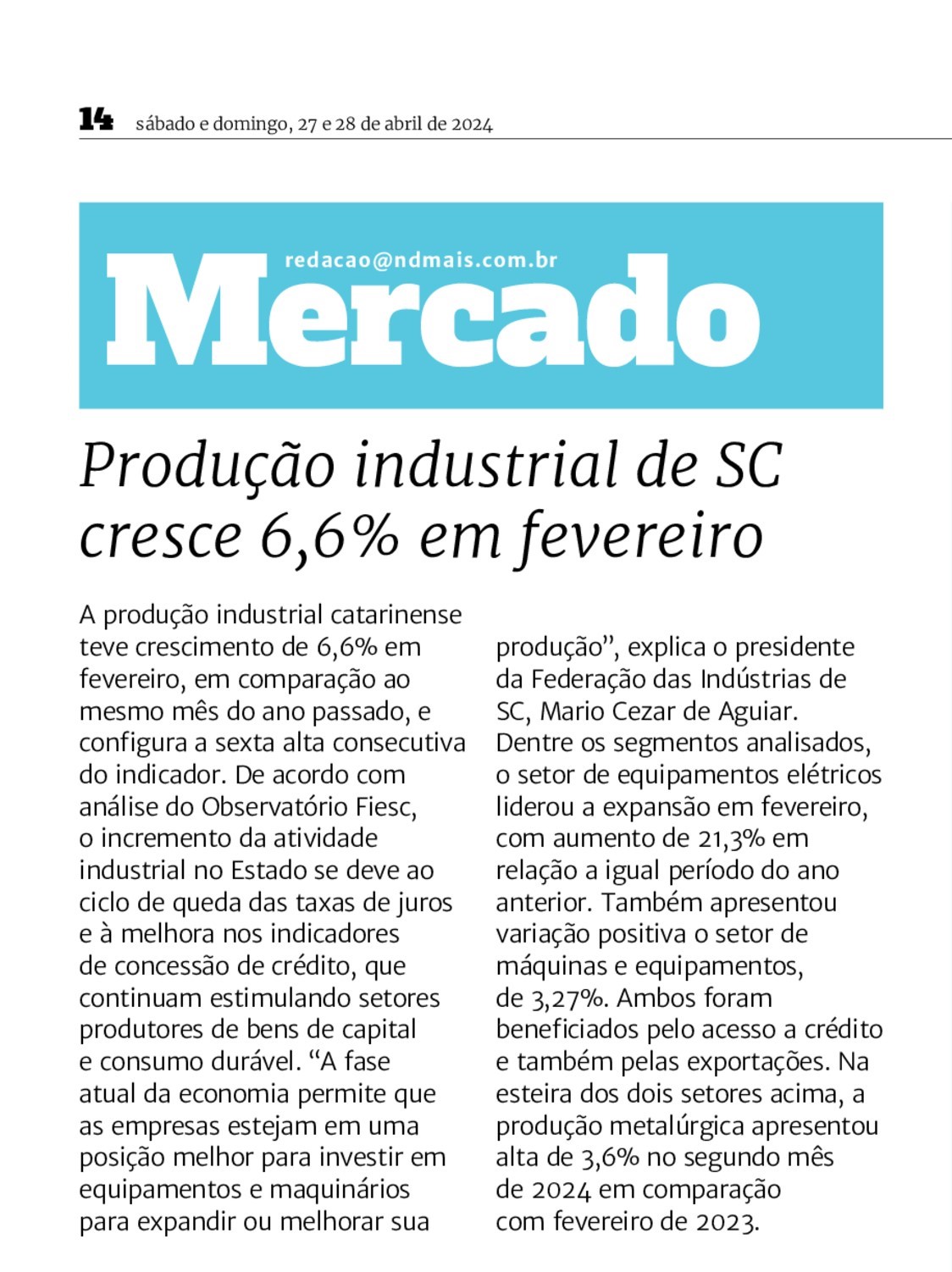 Produção industrial de SC cresce 6, 6% em fevereiro