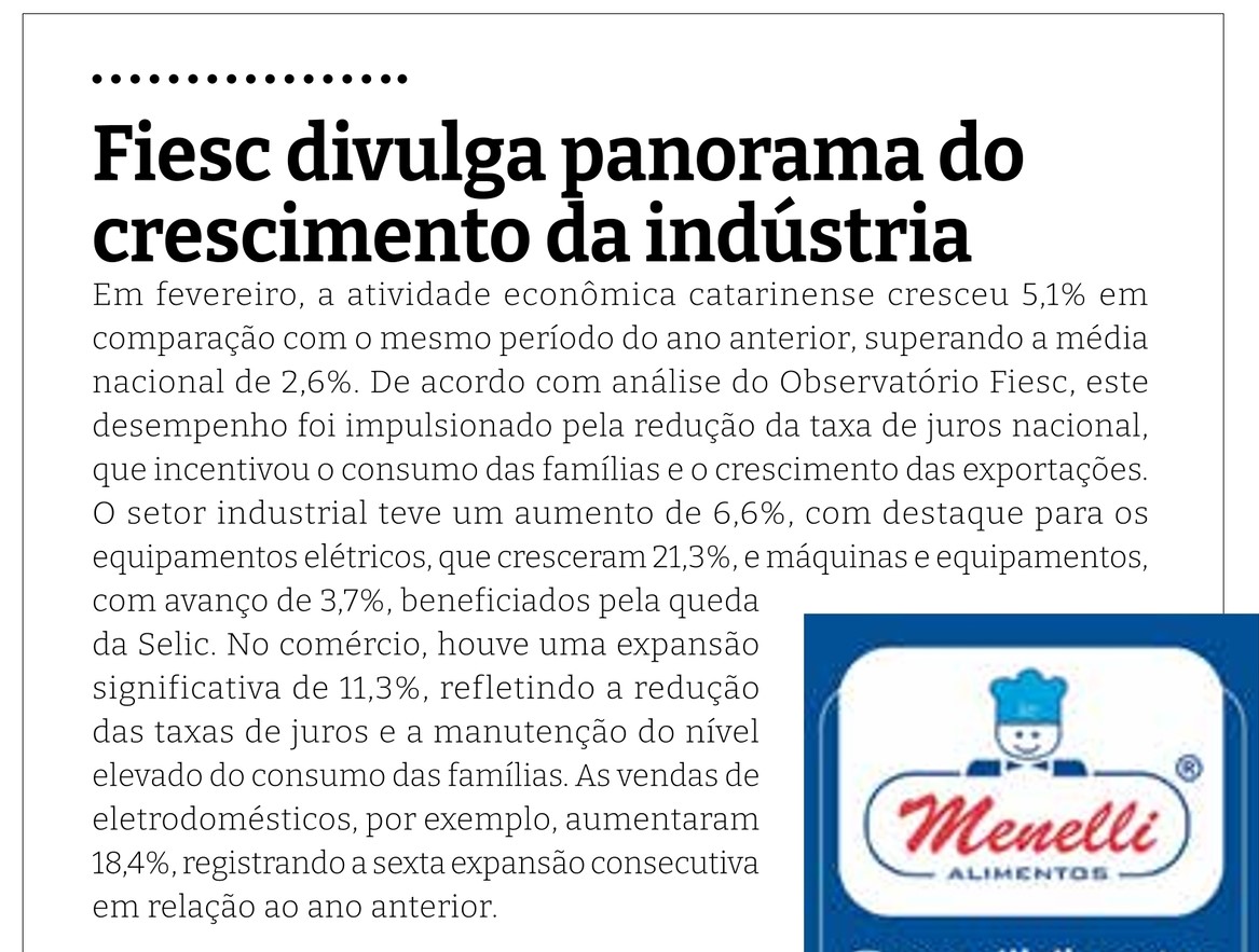 Fiesc divulga panorama do crescimento da indústria