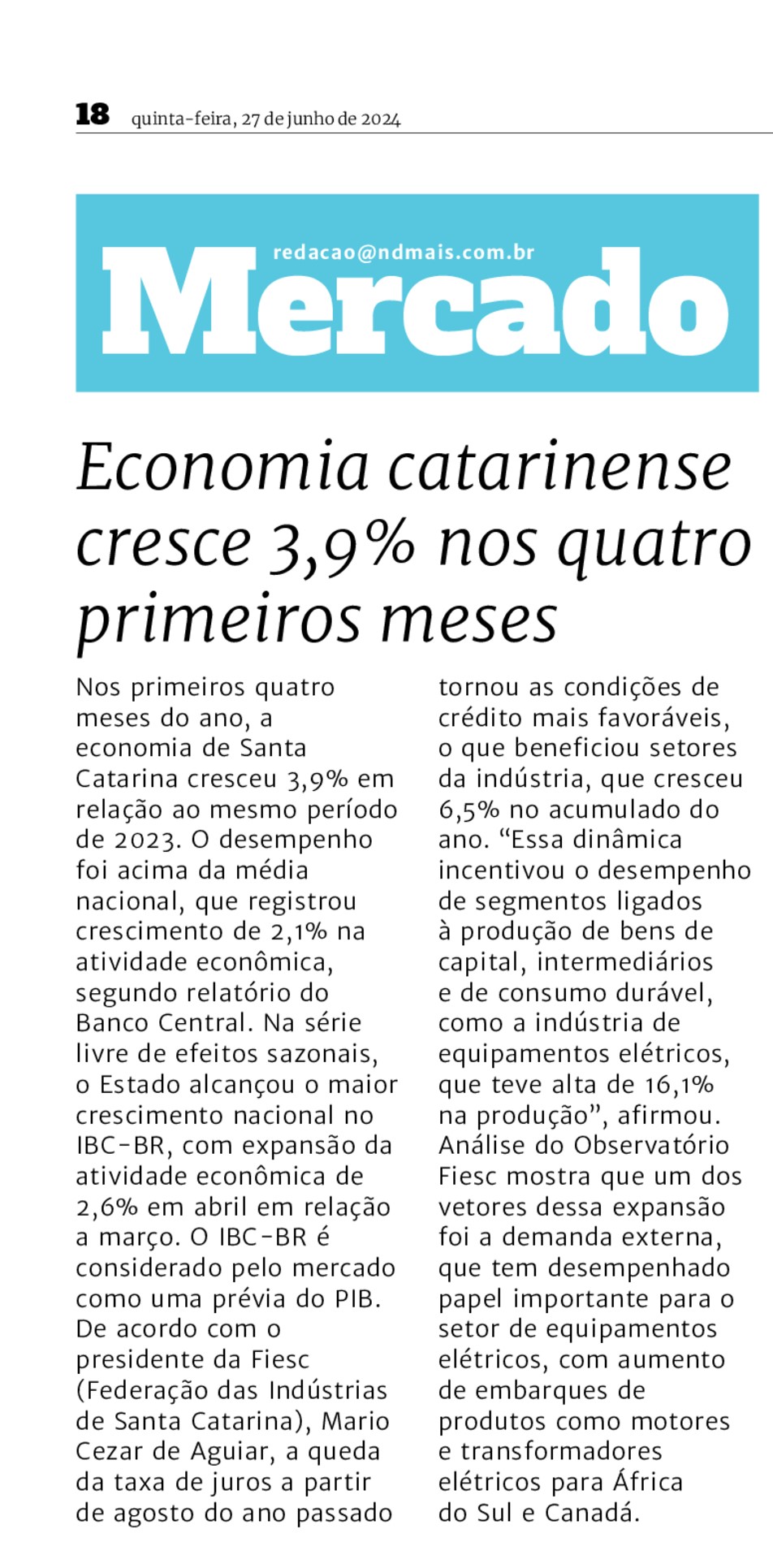 Economia catarinense cresce 3,9% nos quatro primeiros meses