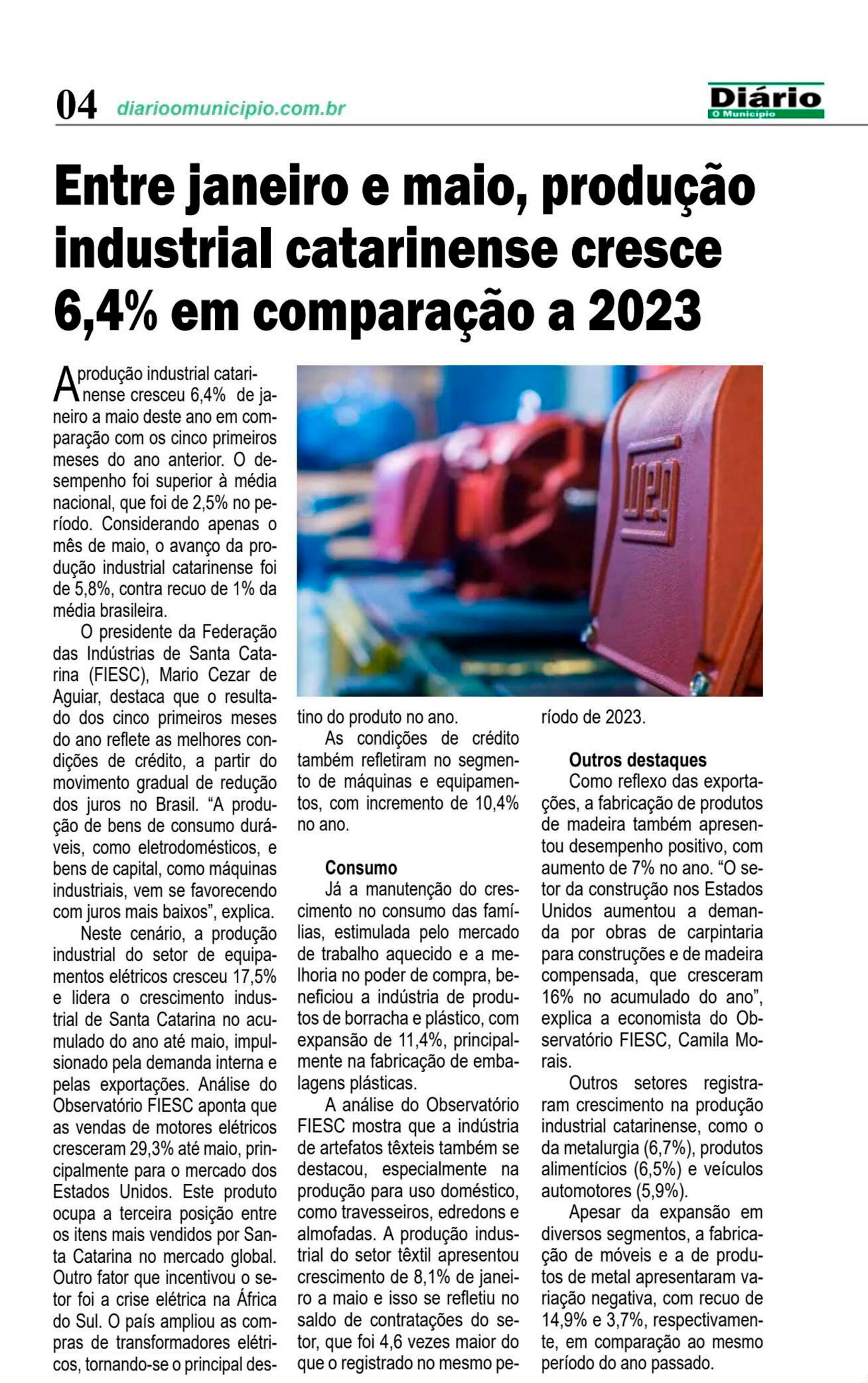 Entre janeiro e maio, produção industrial catarinense cresce 6,4% em comparação a 2023