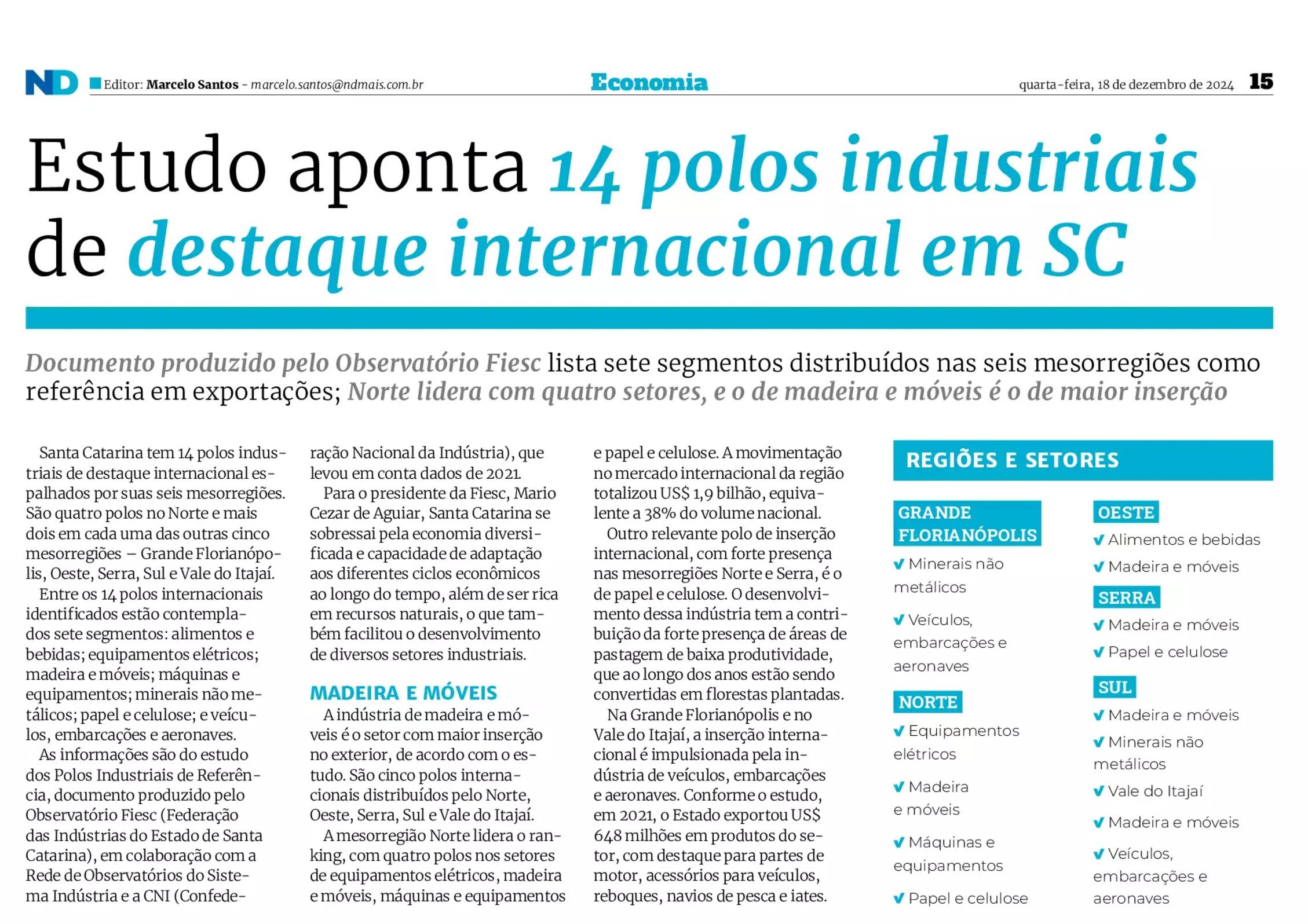 Estudo aponta 14 polos industriais de destaque internacional em SC