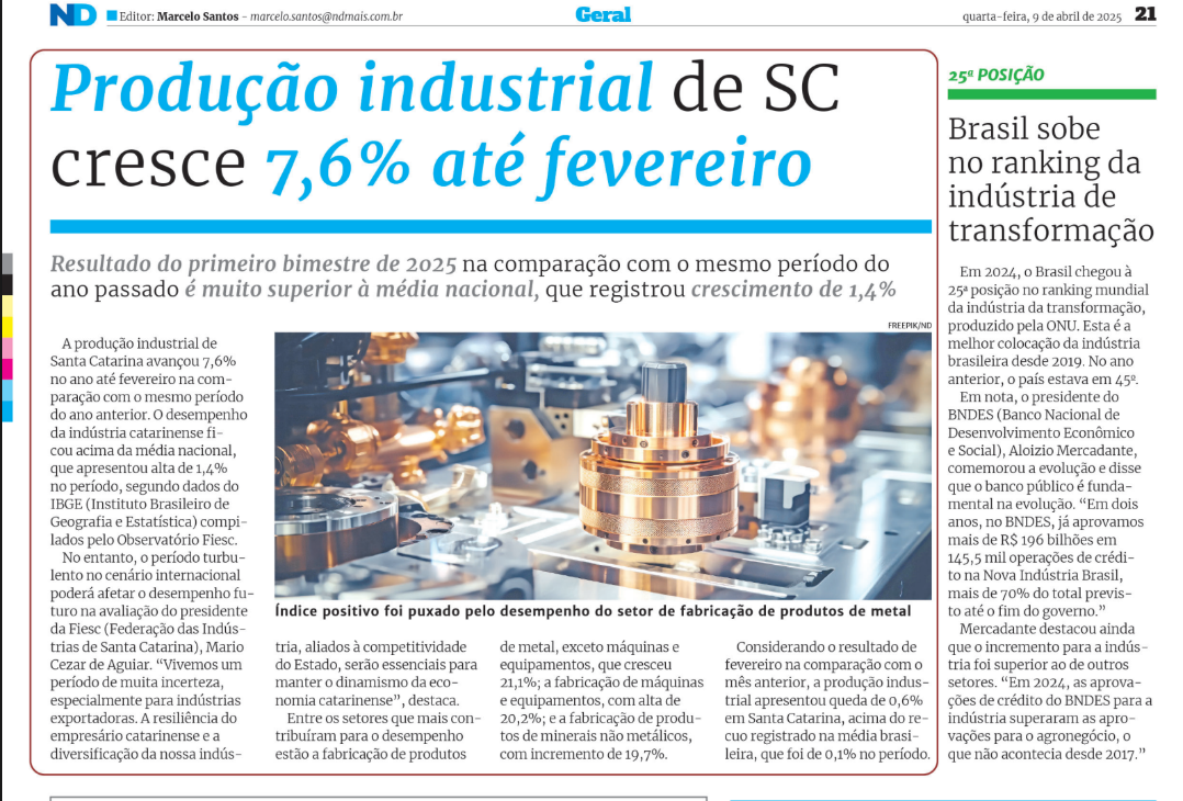 Produção Industrial de SC cresce 7,6%