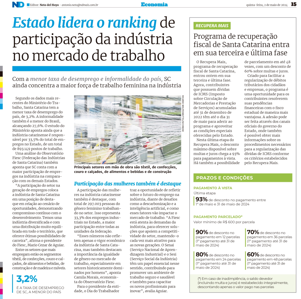 Estado lidera o ranking de participação da indústria no mercado de trabalho