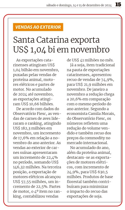 SC exporta US$ 1,04 bi em novembro