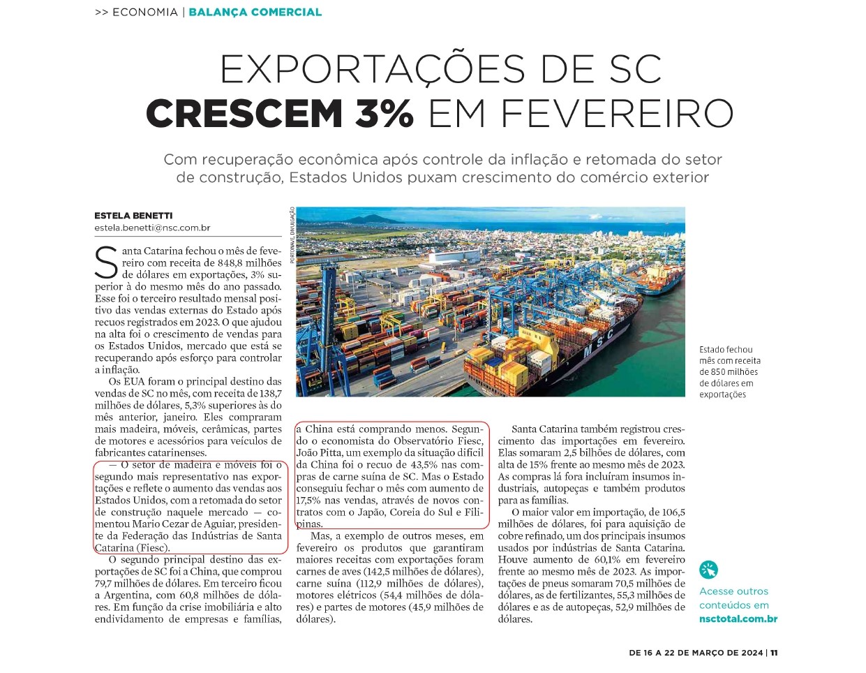 Exportações de SC crescem 3% em fevereiro