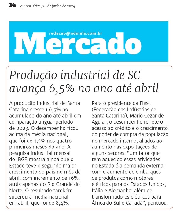 Produção industrial de SC avança 6,5% no ano até abril