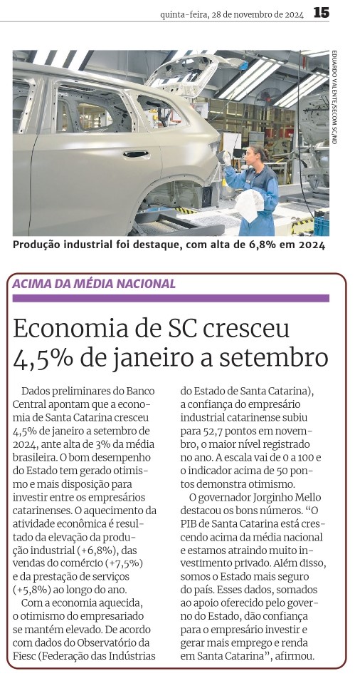 Economia de SC cresceu 4,5% de janeiro a setembro