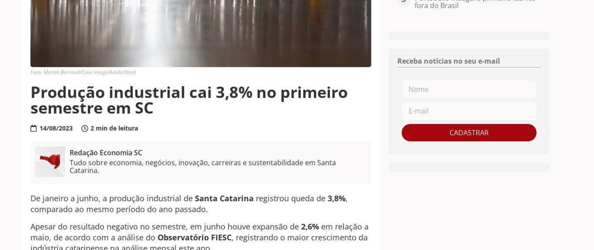 Produção industrial cai 3,8% no primeiro semestre em SC
