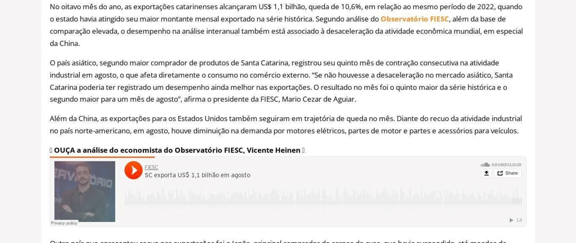 SC exporta US$ 1,1 bilhão em agosto
