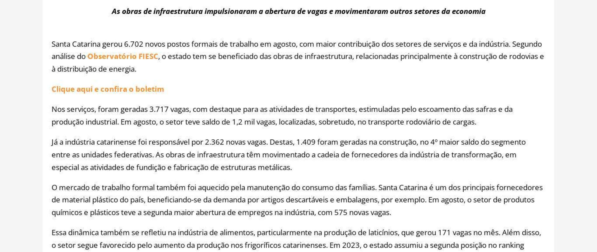 SC gera 6,7 mil empregos em agosto