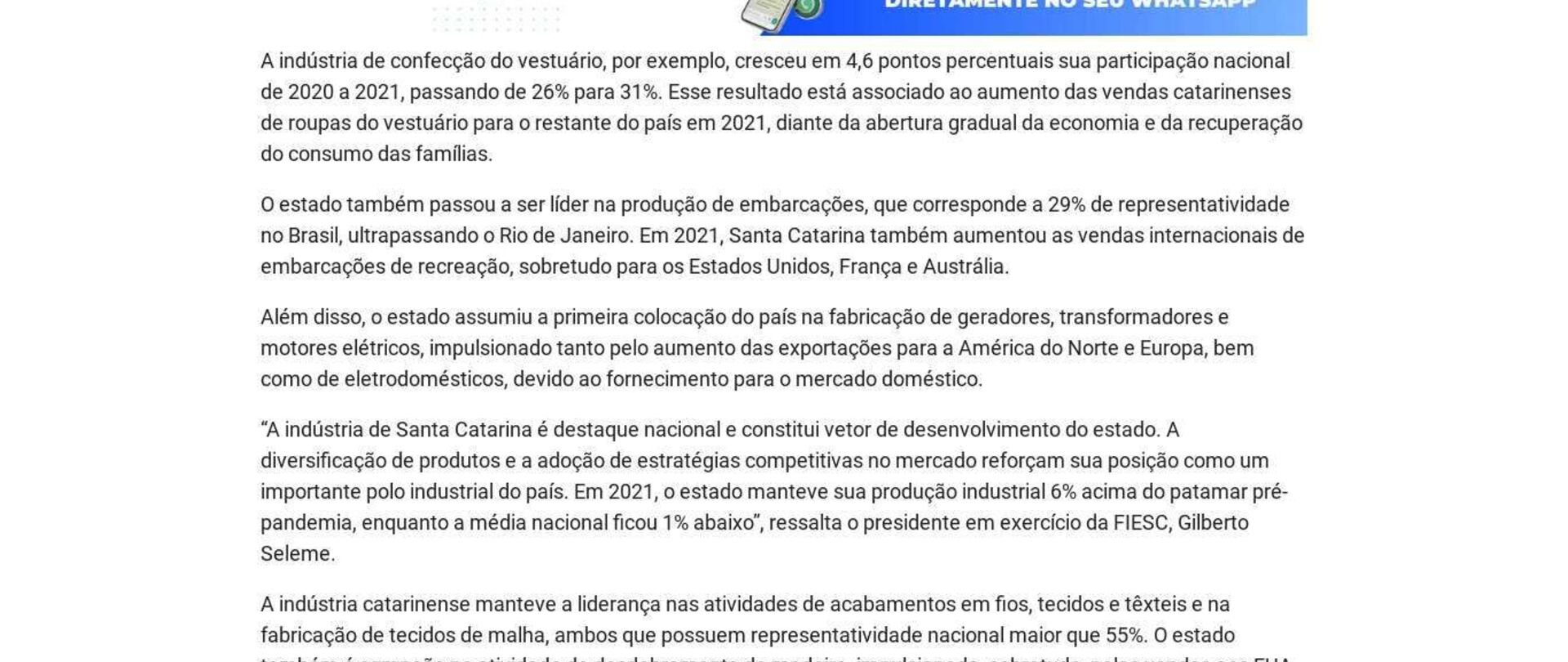 Santa Catarina lidera sete setores industriais no Brasil