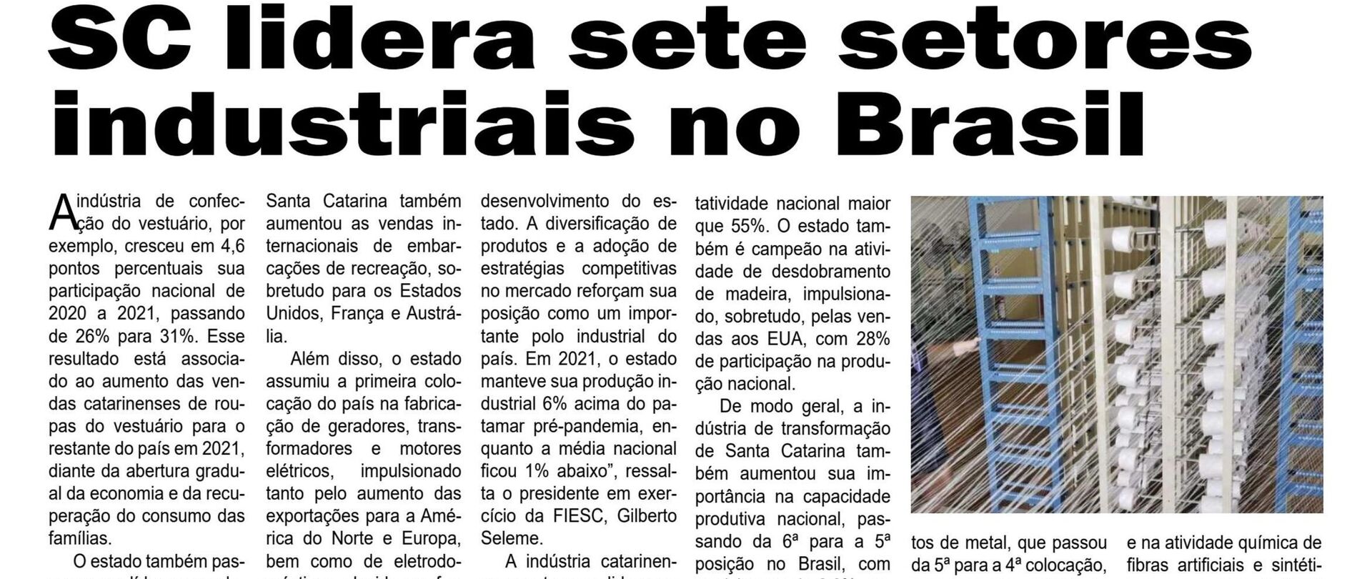 SC lidera sete setores industriais no Brasil