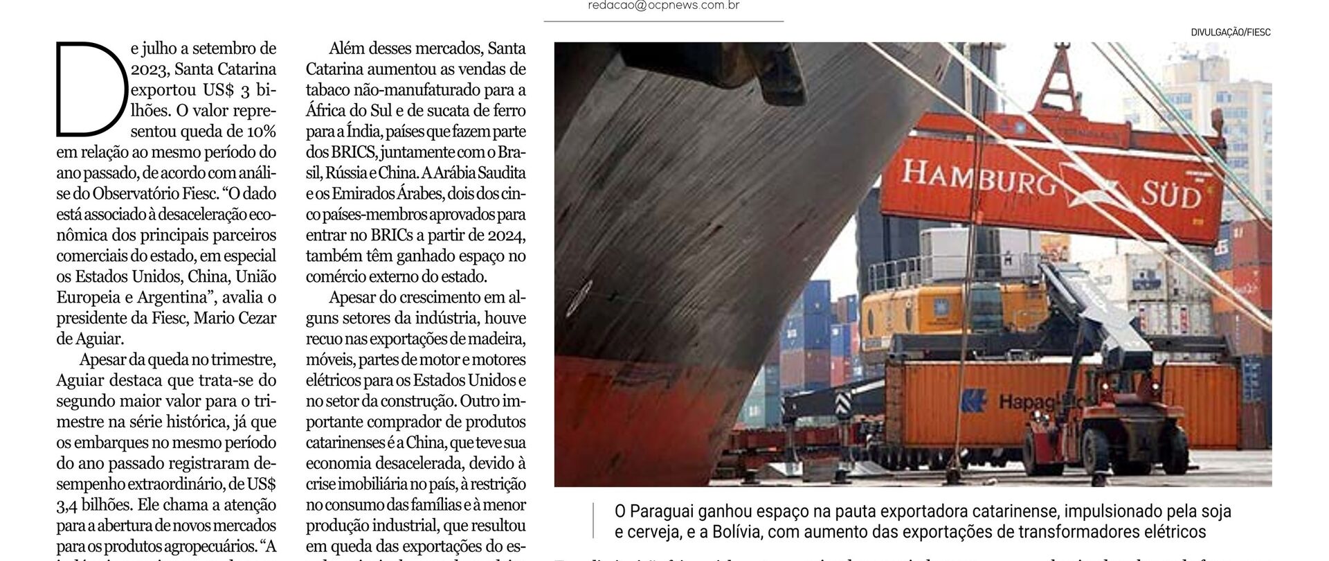 Exportações catarinenses chegam a USS 3 bi no terceiro trimestre
