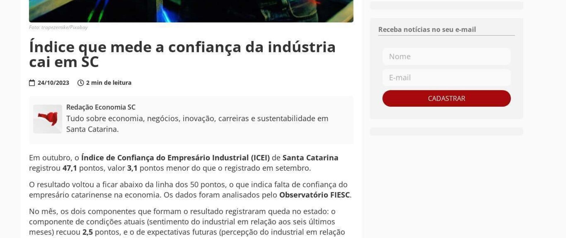 Índice que mede a confiança da indústria cai em SC