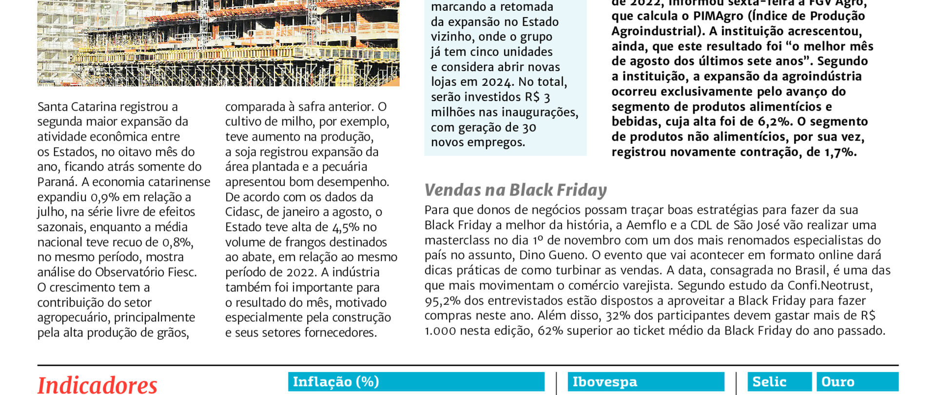 Economia de SC teve o 2º maior crescimento do país em agosto