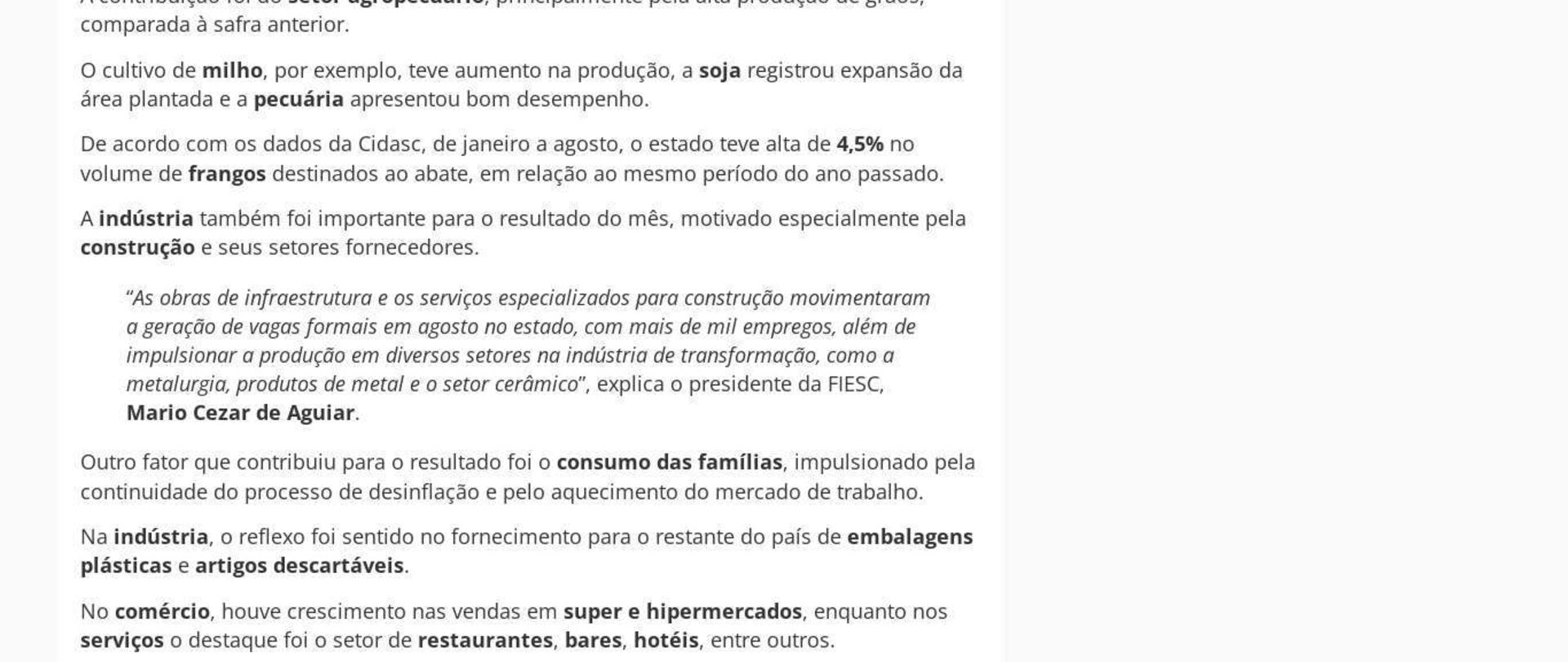 Economia de SC teve o segundo maior crescimento do país em agosto