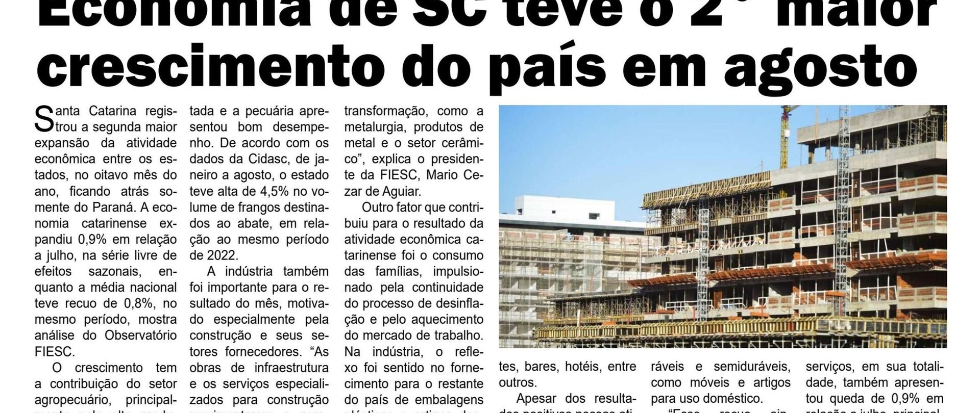Economia de SC teve o 2º maior crescimento do país em agosto