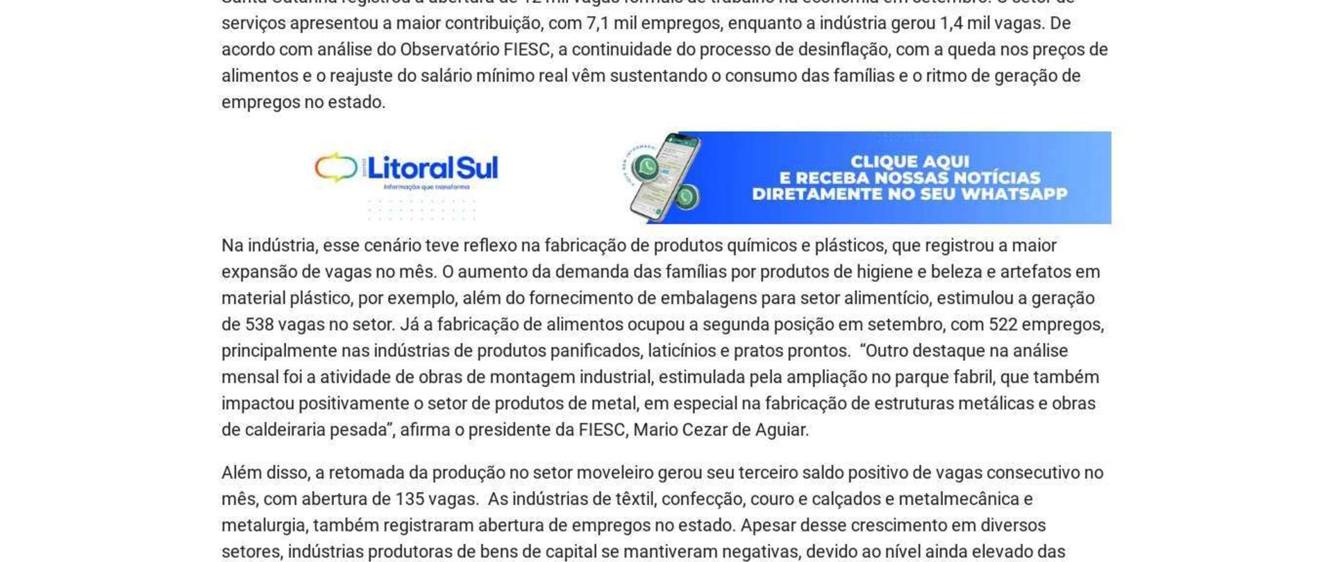 Em SC, consumo das famílias estimula geração de empregos em setembro