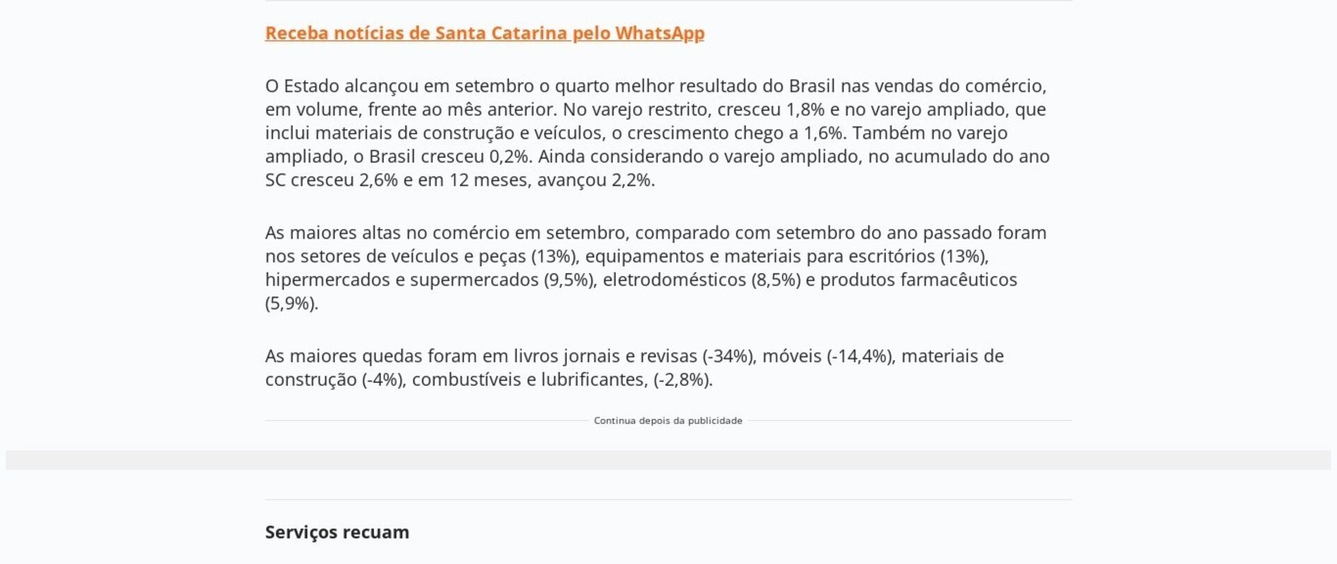 SC tem alta no comércio e retração nos serviços e na indústria, apura IBGE