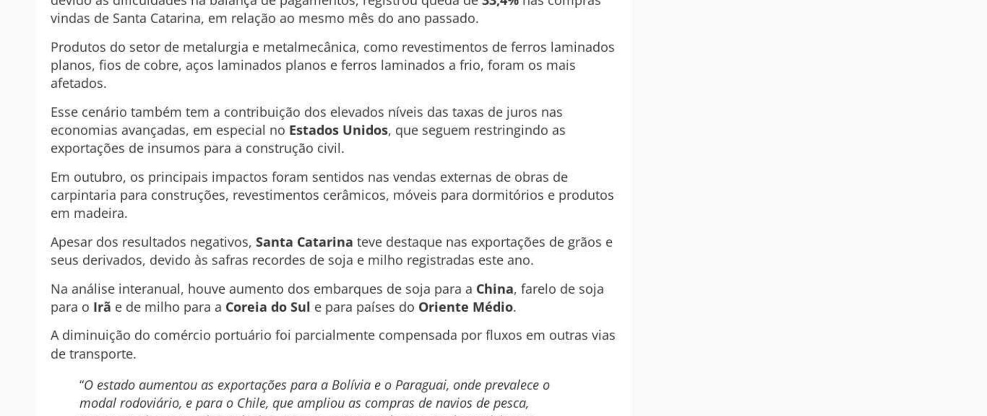 Exportações de SC caem 11,2% em outubro