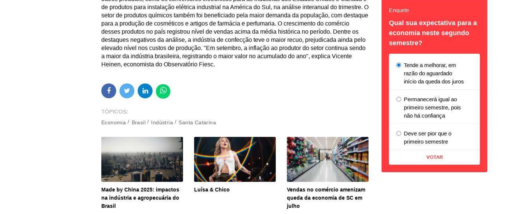 Indústria catarinense avança no terceiro trimestre