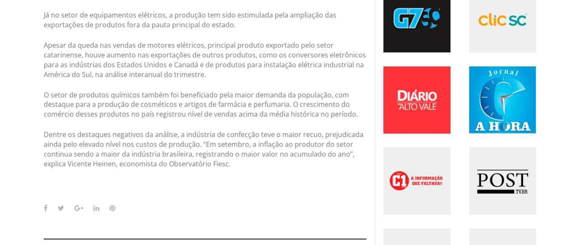Indústria de SC cresce no 3º tri, puxada pelos setores ligados à construção e consumo das famílias