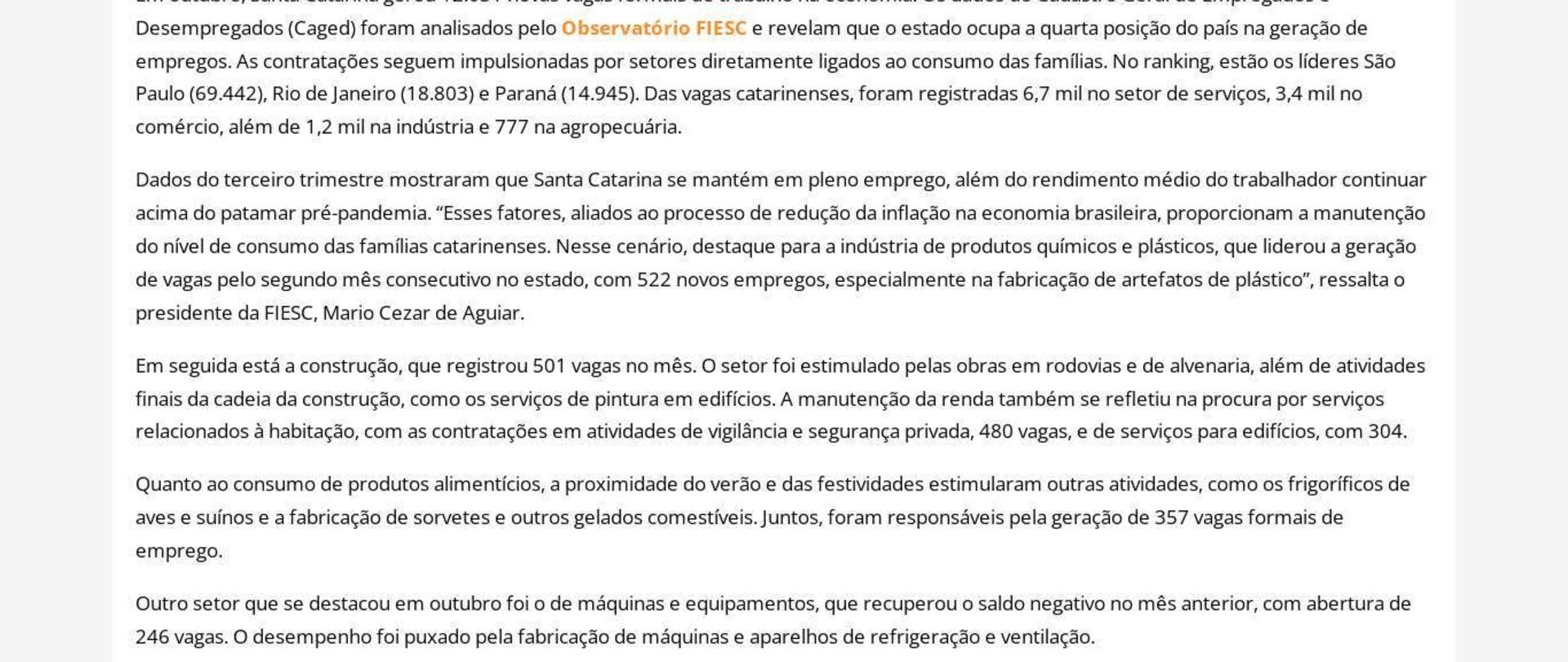 SC tem o quarto maior saldo de empregos em outubro