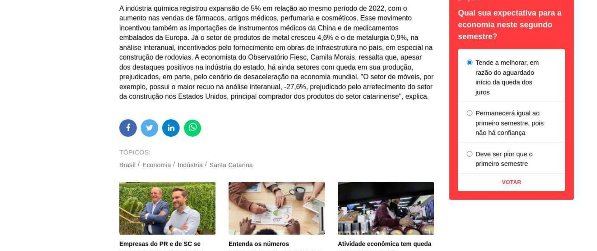 Economia catarinense avança 2,5% em setembro