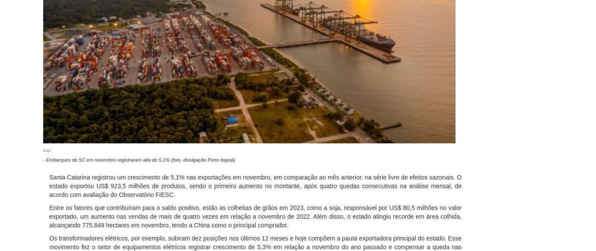 SC exporta US$ 923,5 milhões em novembro
